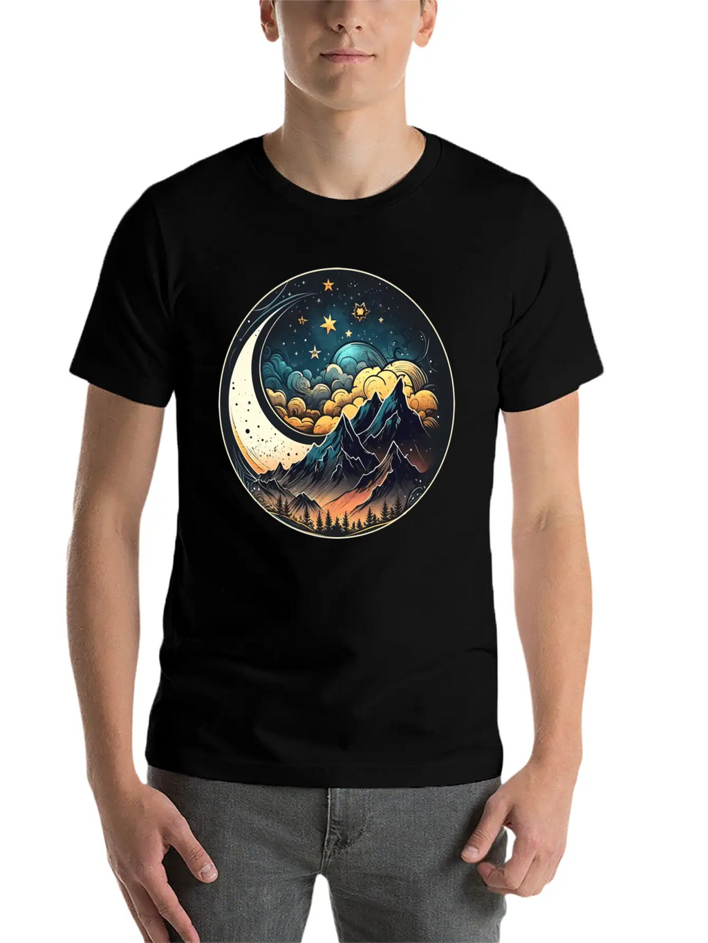 Mountains And Moon Outdoor Design Mountain Stylish Everyday T-Shirt – Unisex Basic Cotton Tee