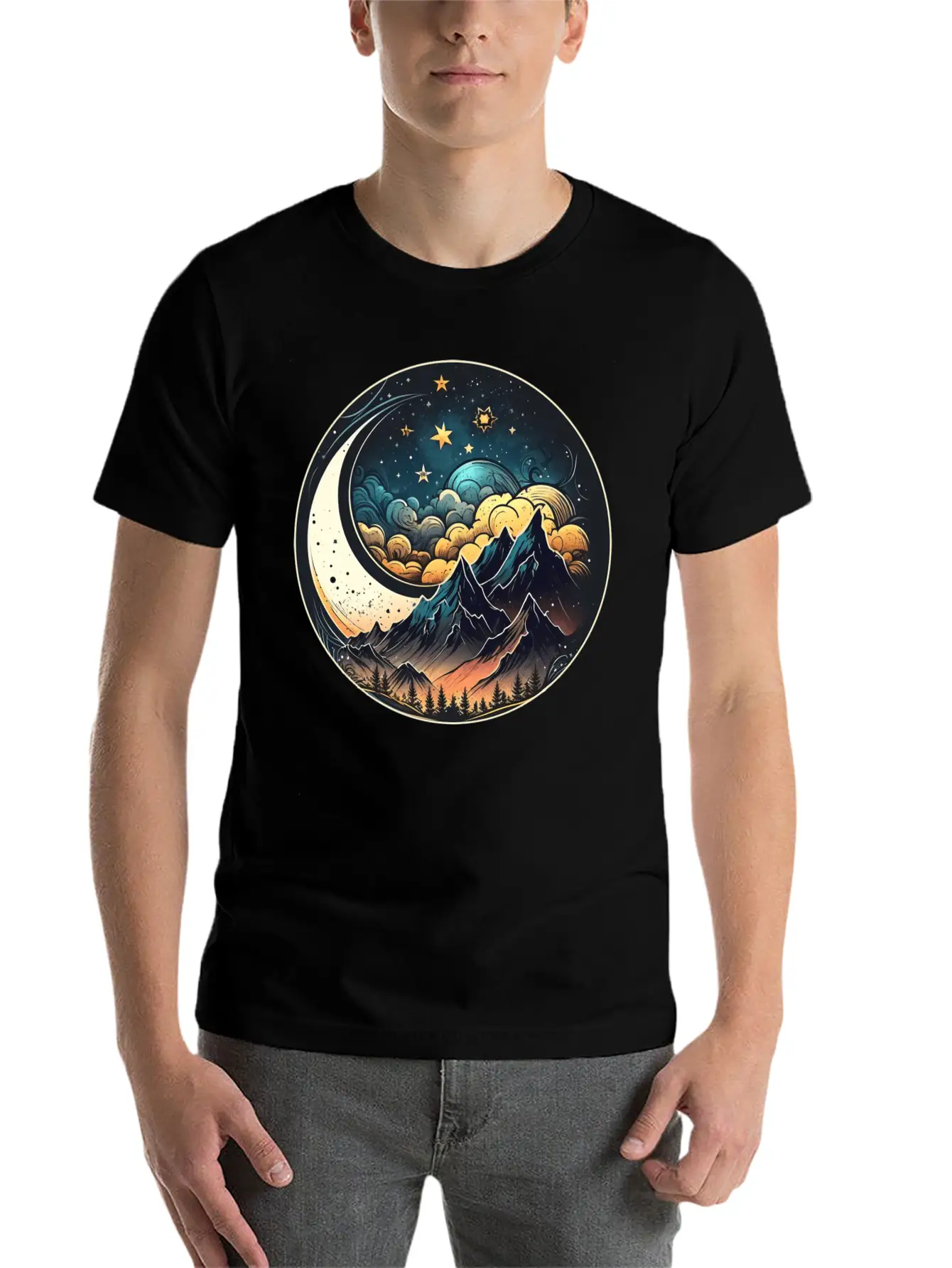 Mountains And Moon Outdoor Design Mountain Stylish Everyday T-Shirt – Unisex Basic Cotton Tee