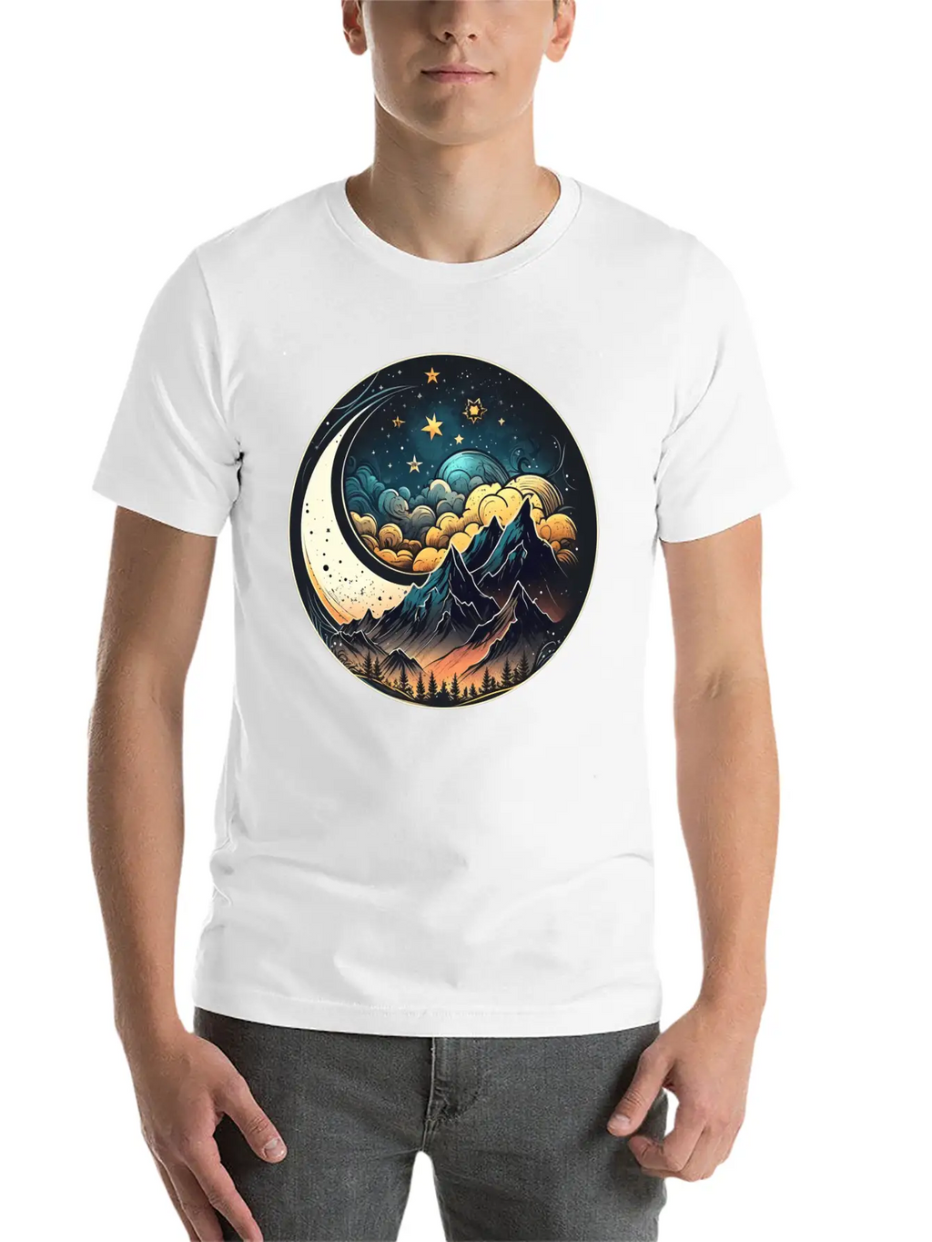 Mountains And Moon Outdoor Design Mountain Stylish Everyday T-Shirt – Unisex Basic Cotton Tee