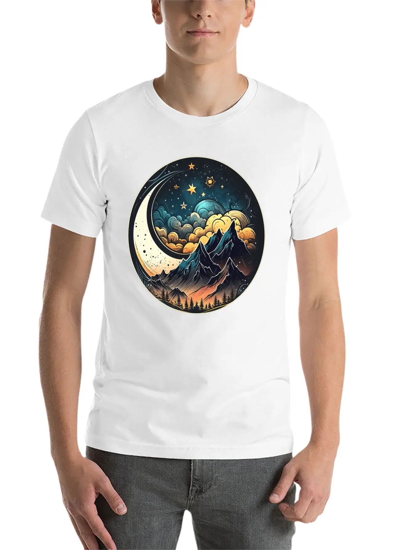 Mountains And Moon Outdoor Design Mountain Stylish Everyday T-Shirt – Unisex Basic Cotton Tee