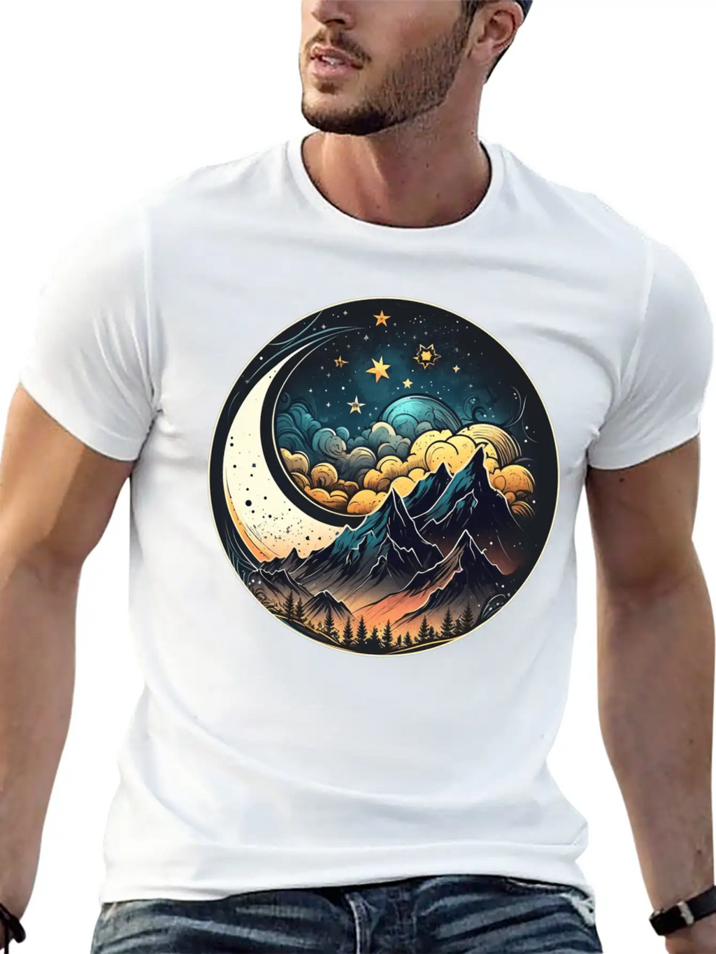 Mountains And Moon Outdoor Design Mountain Stylish Everyday T-Shirt – Unisex Basic Cotton Tee