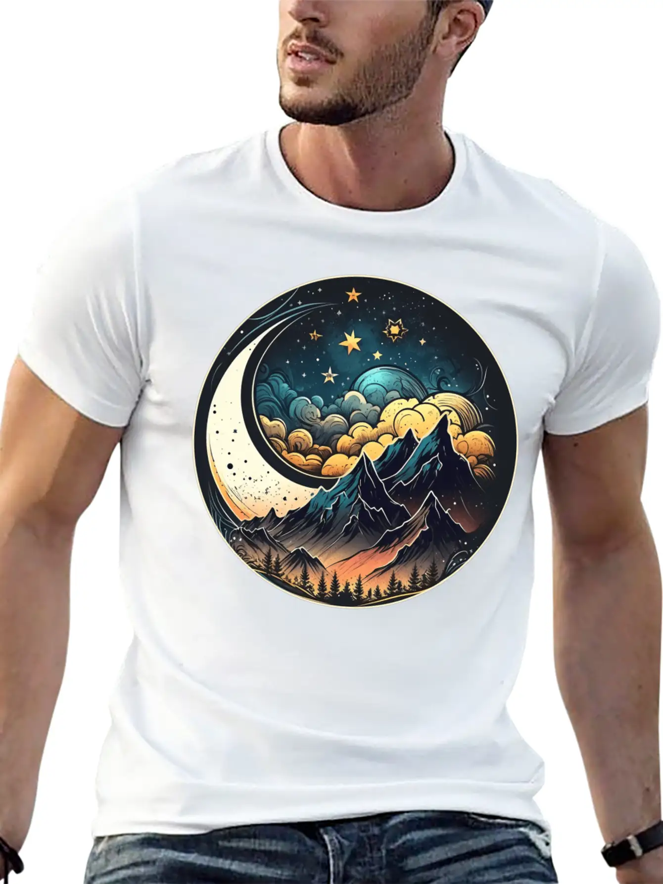 Mountains And Moon Outdoor Design Mountain Stylish Everyday T-Shirt – Unisex Basic Cotton Tee