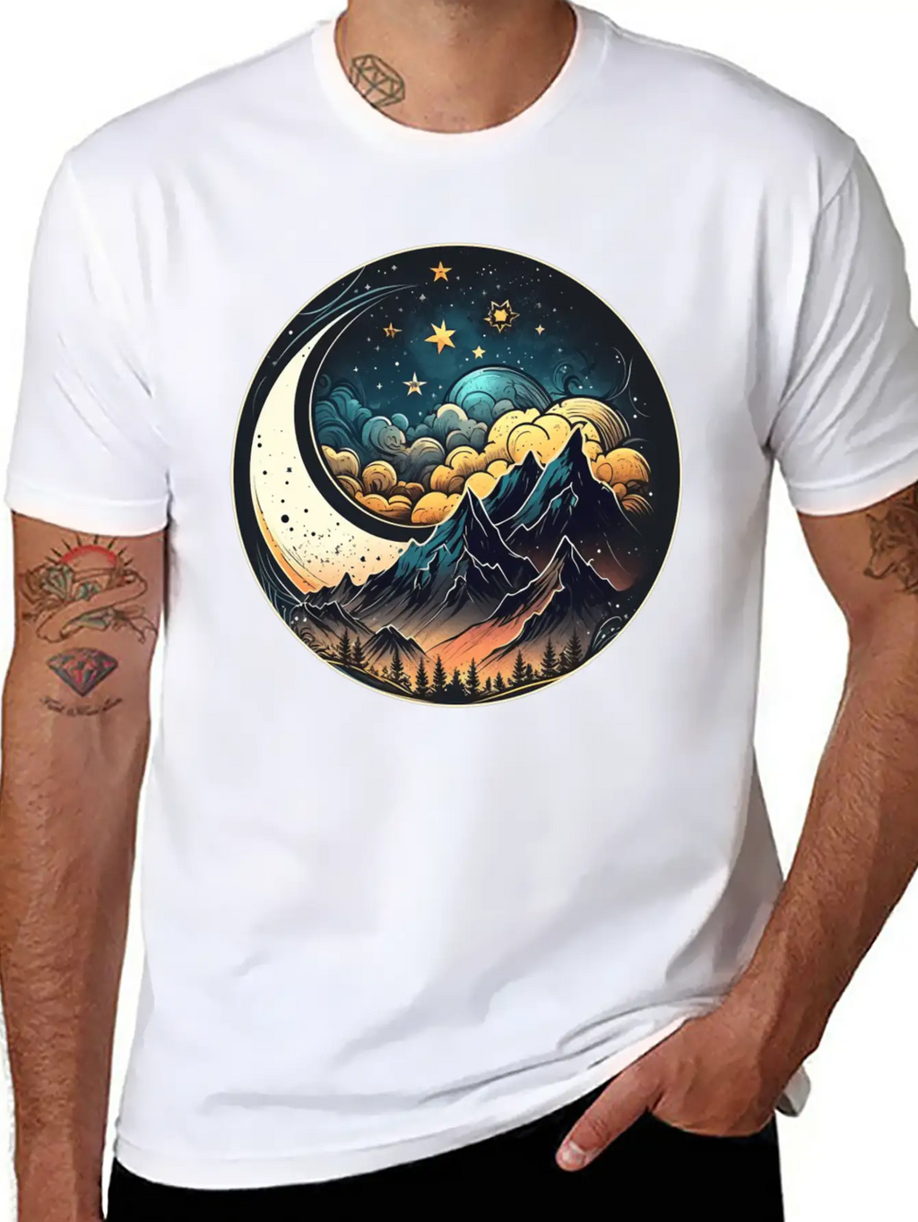 Mountains And Moon Outdoor Design Mountain Stylish Everyday T-Shirt – Unisex Basic Cotton Tee