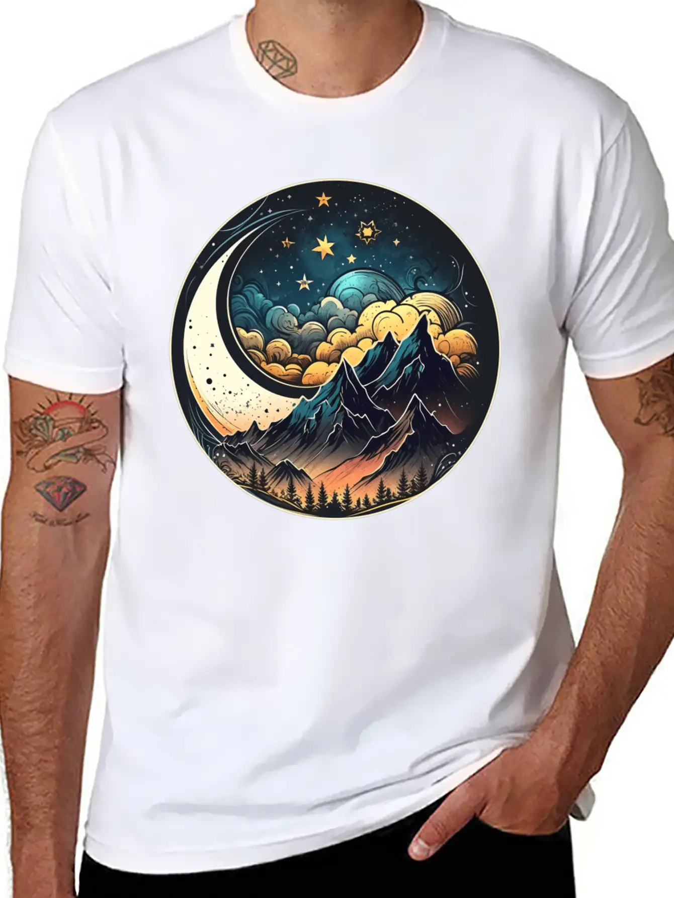 Mountains And Moon Outdoor Design Mountain Stylish Everyday T-Shirt – Unisex Basic Cotton Tee