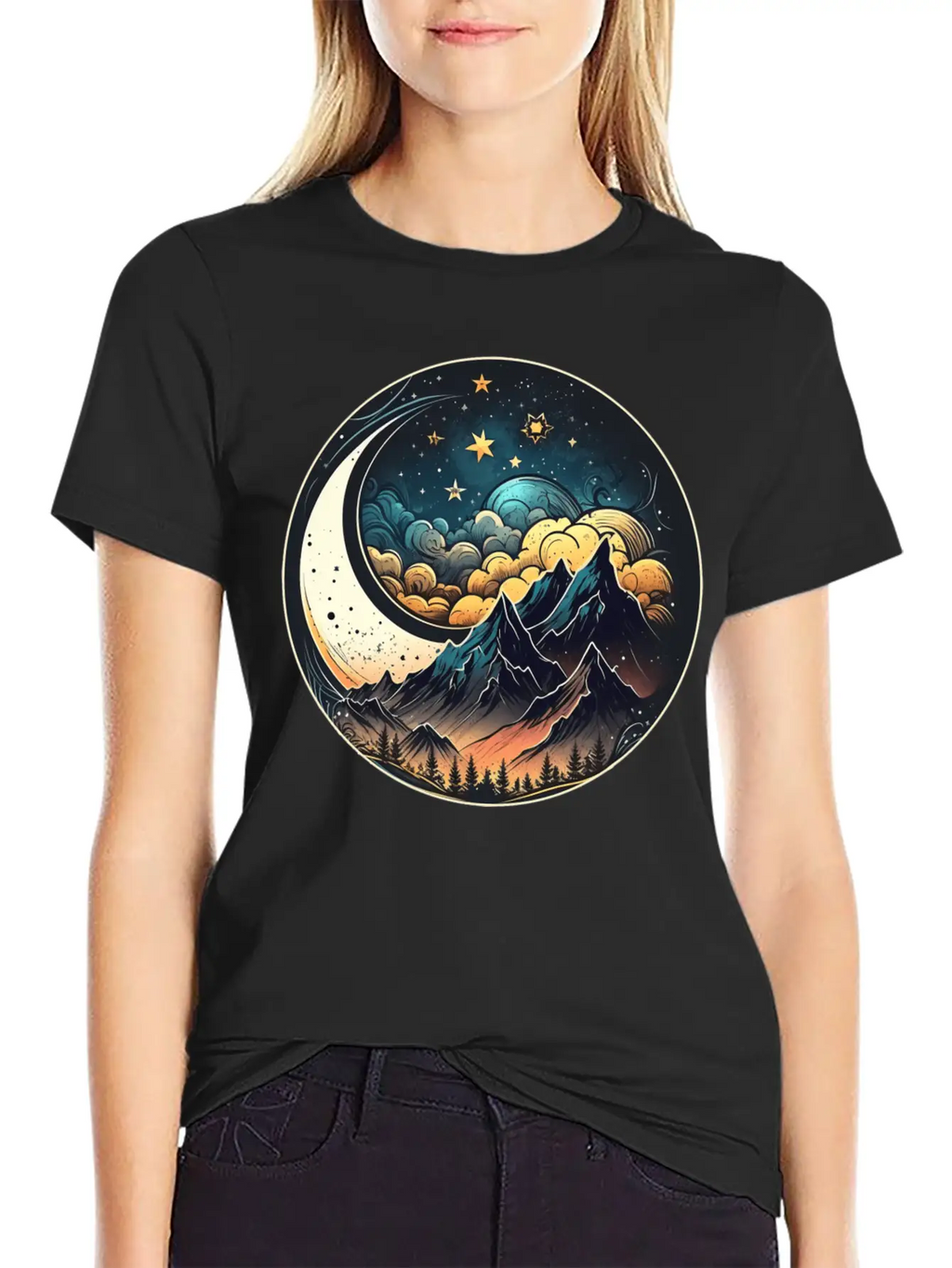 Mountains And Moon Outdoor Design Mountain Stylish Everyday T-Shirt – Unisex Basic Cotton Tee