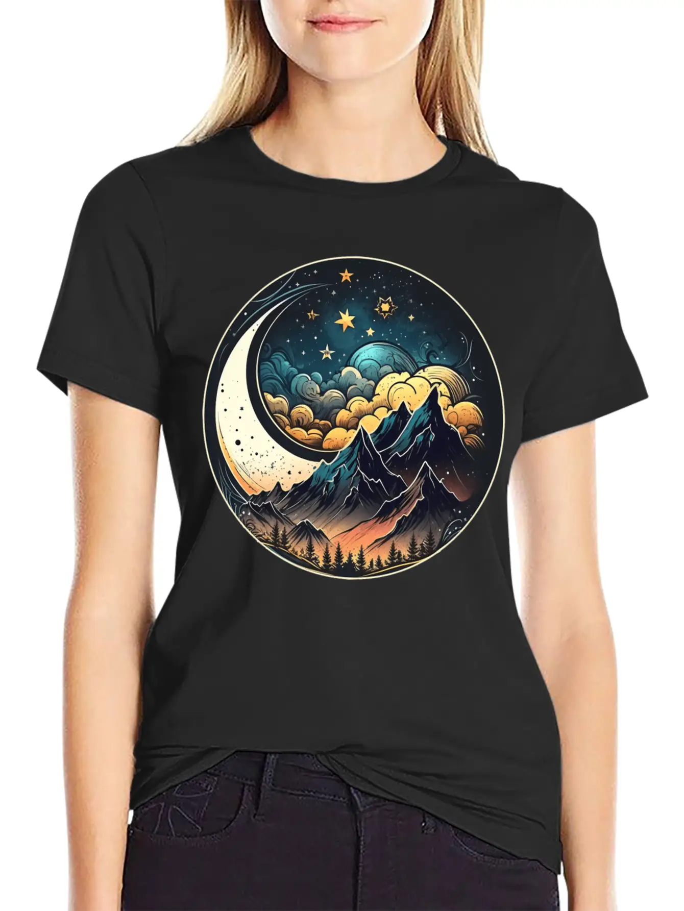 Mountains And Moon Outdoor Design Mountain Stylish Everyday T-Shirt – Unisex Basic Cotton Tee