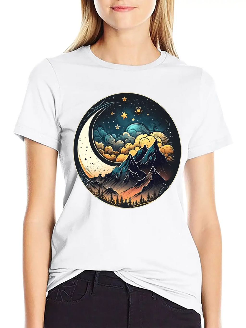 Mountains And Moon Outdoor Design Mountain Stylish Everyday T-Shirt – Unisex Basic Cotton Tee