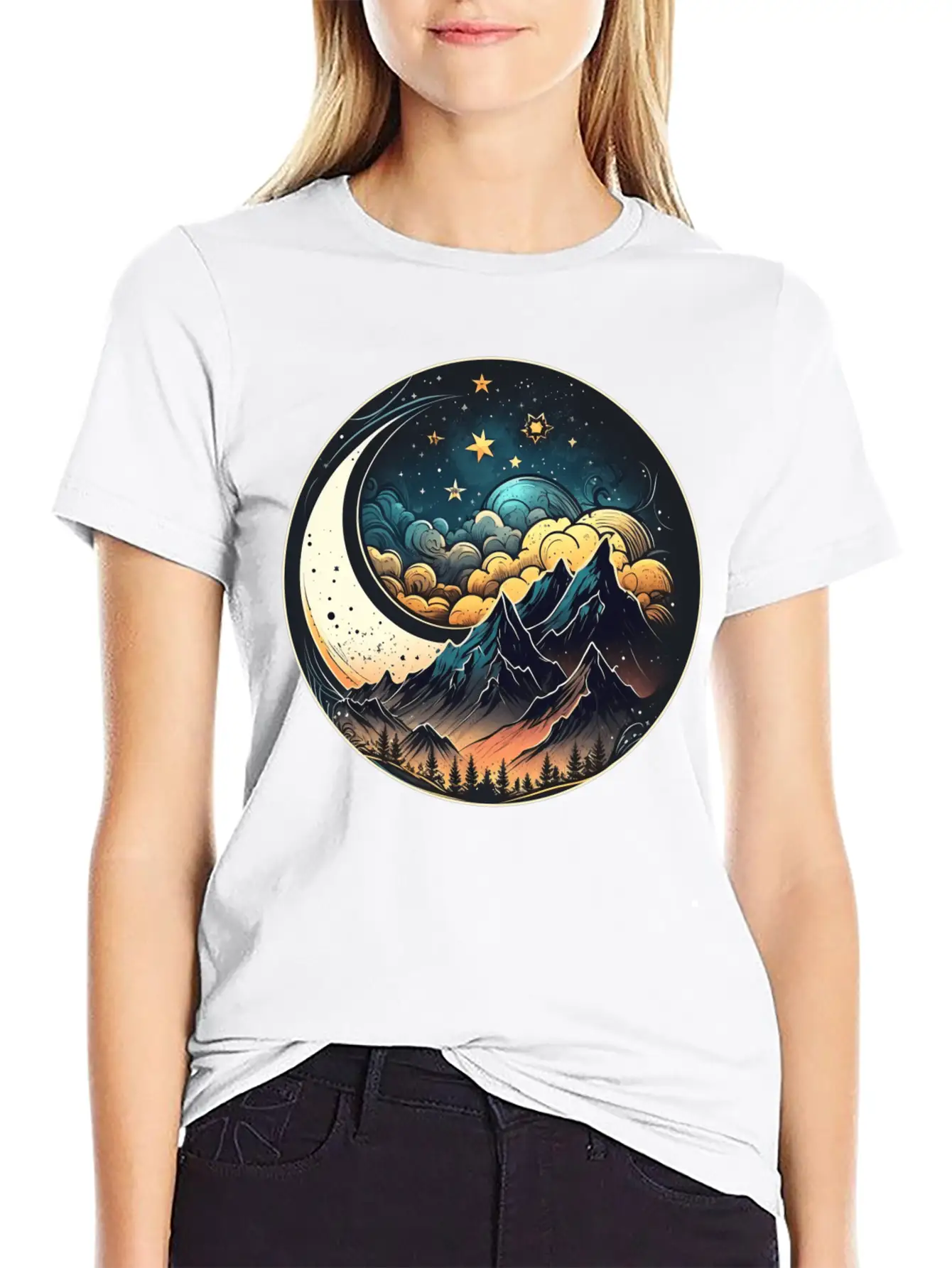 Mountains And Moon Outdoor Design Mountain Stylish Everyday T-Shirt – Unisex Basic Cotton Tee