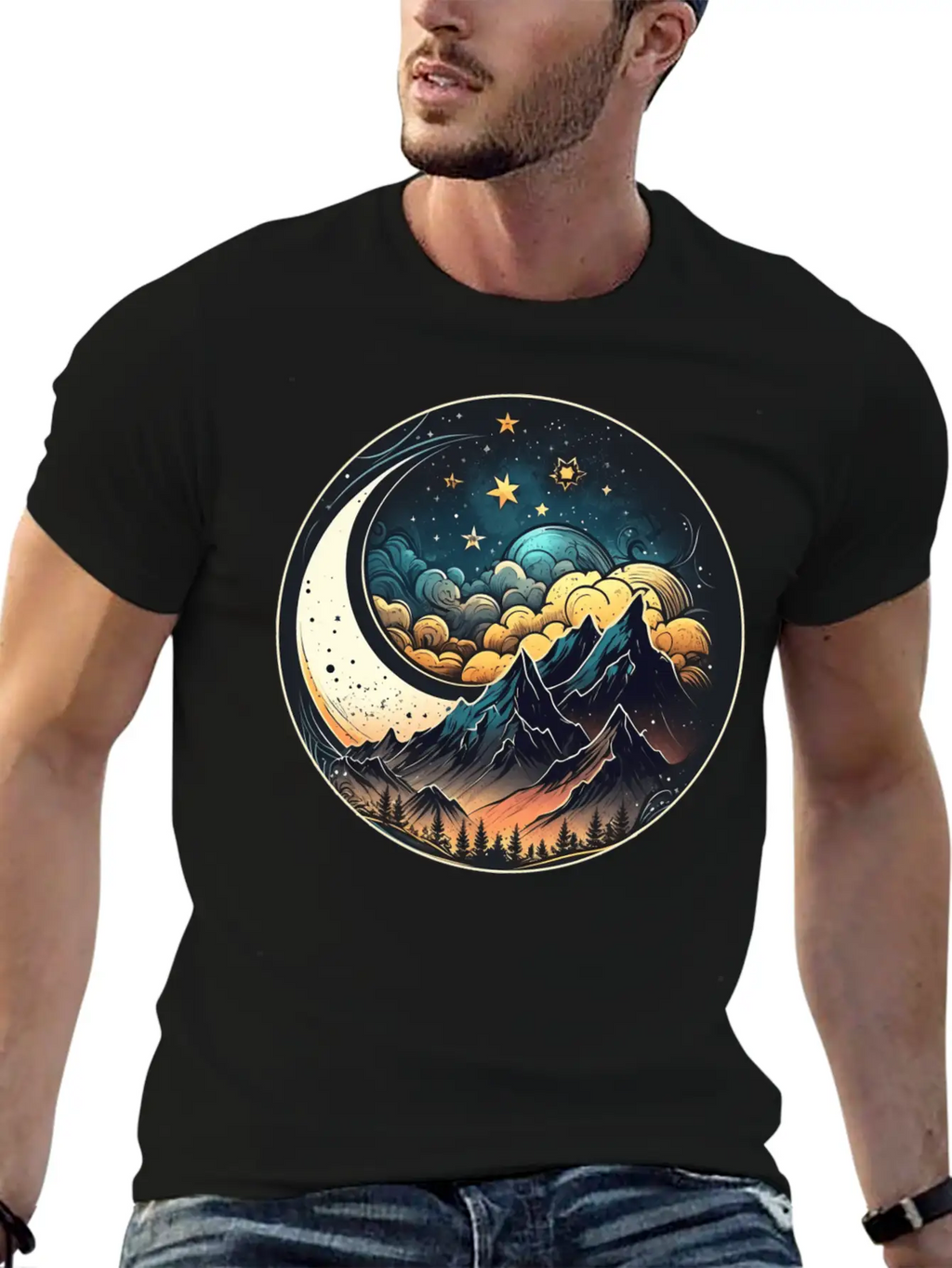 Mountains And Moon Outdoor Design Mountain Stylish Everyday T-Shirt – Unisex Basic Cotton Tee