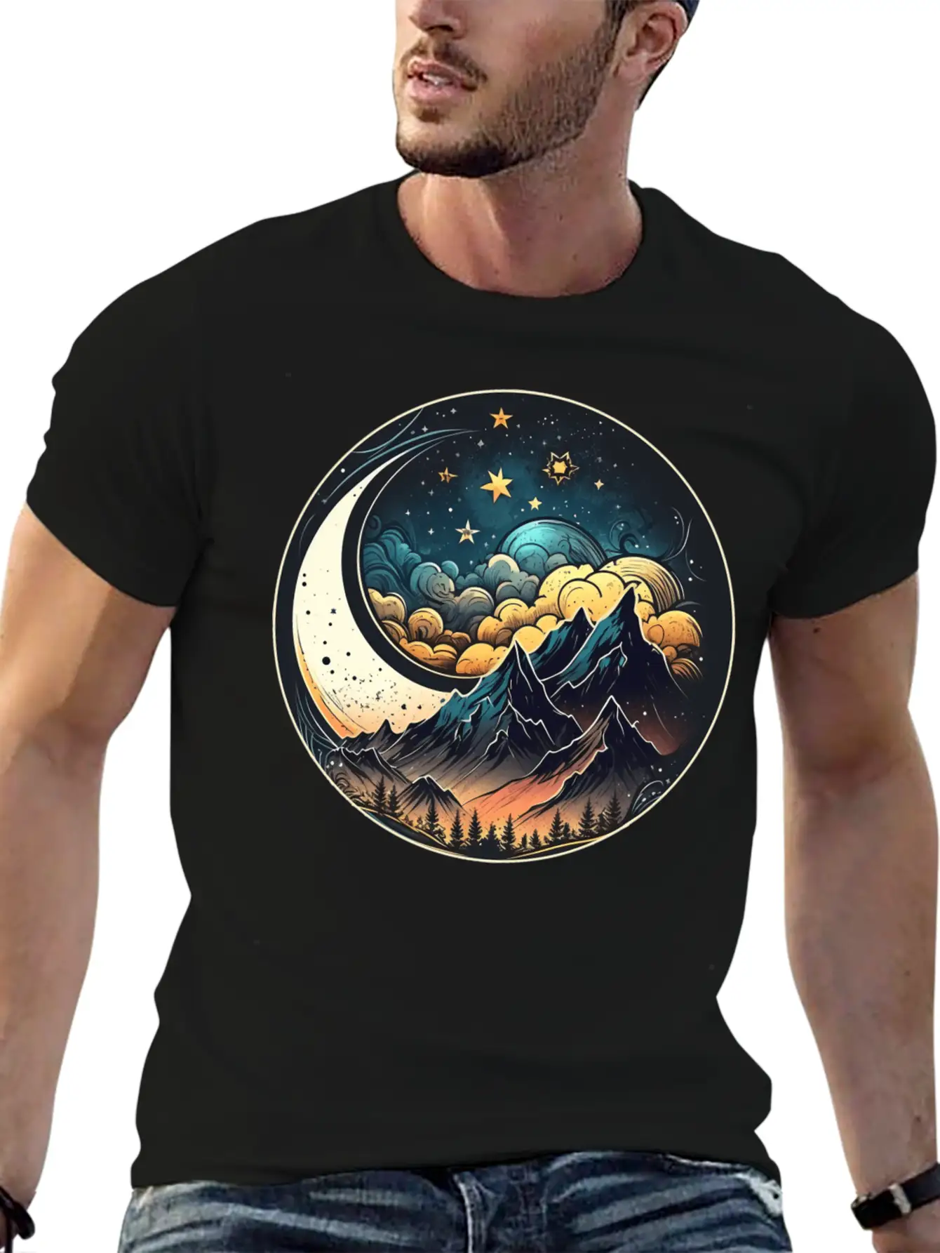 Mountains And Moon Outdoor Design Mountain Stylish Everyday T-Shirt – Unisex Basic Cotton Tee