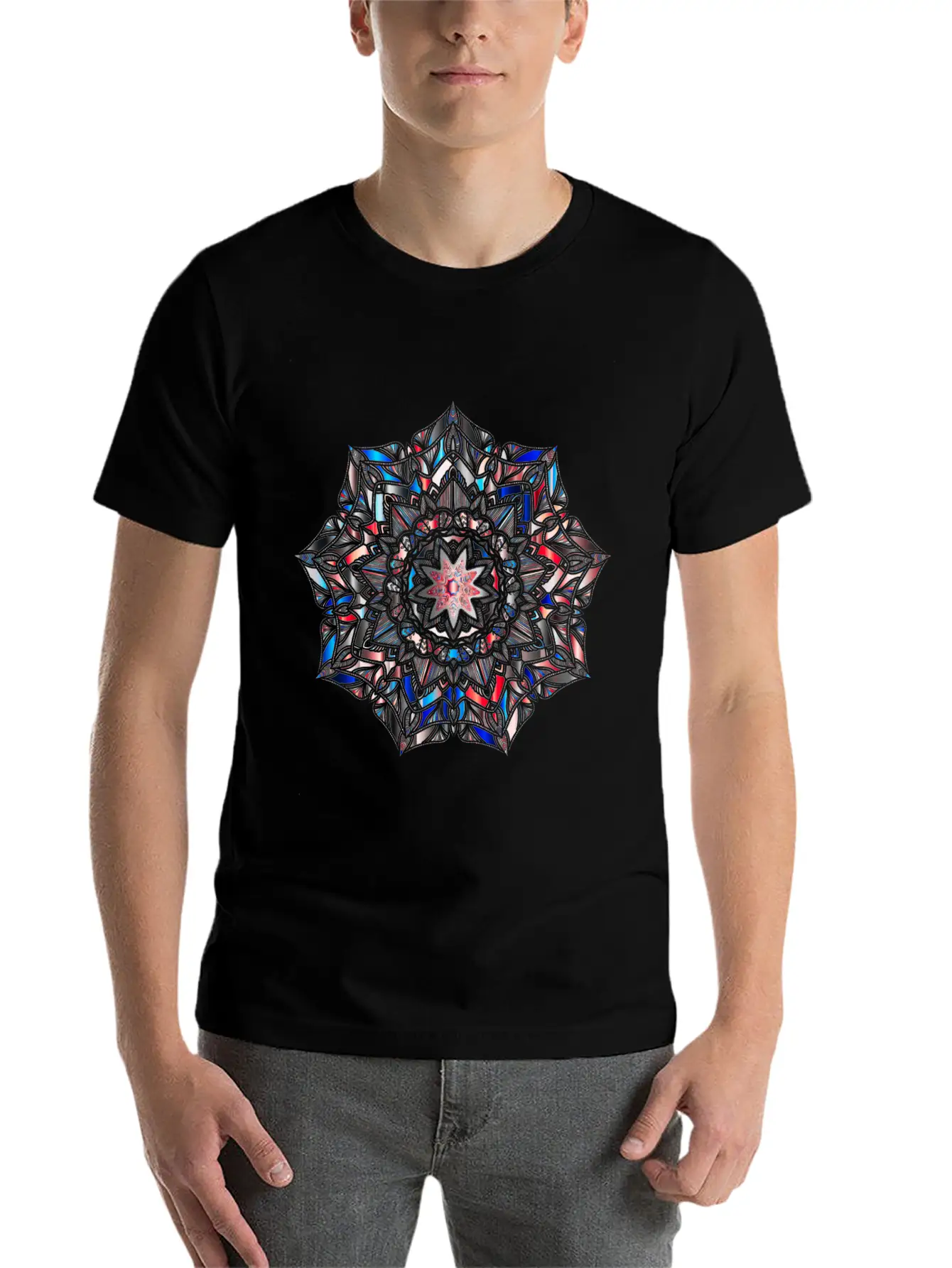 Multicolour Mandala Flower Mosaic Prismatic Blues Unisex Short Sleeve Soft Cotton T-Shirt – Casual Everyday Wear