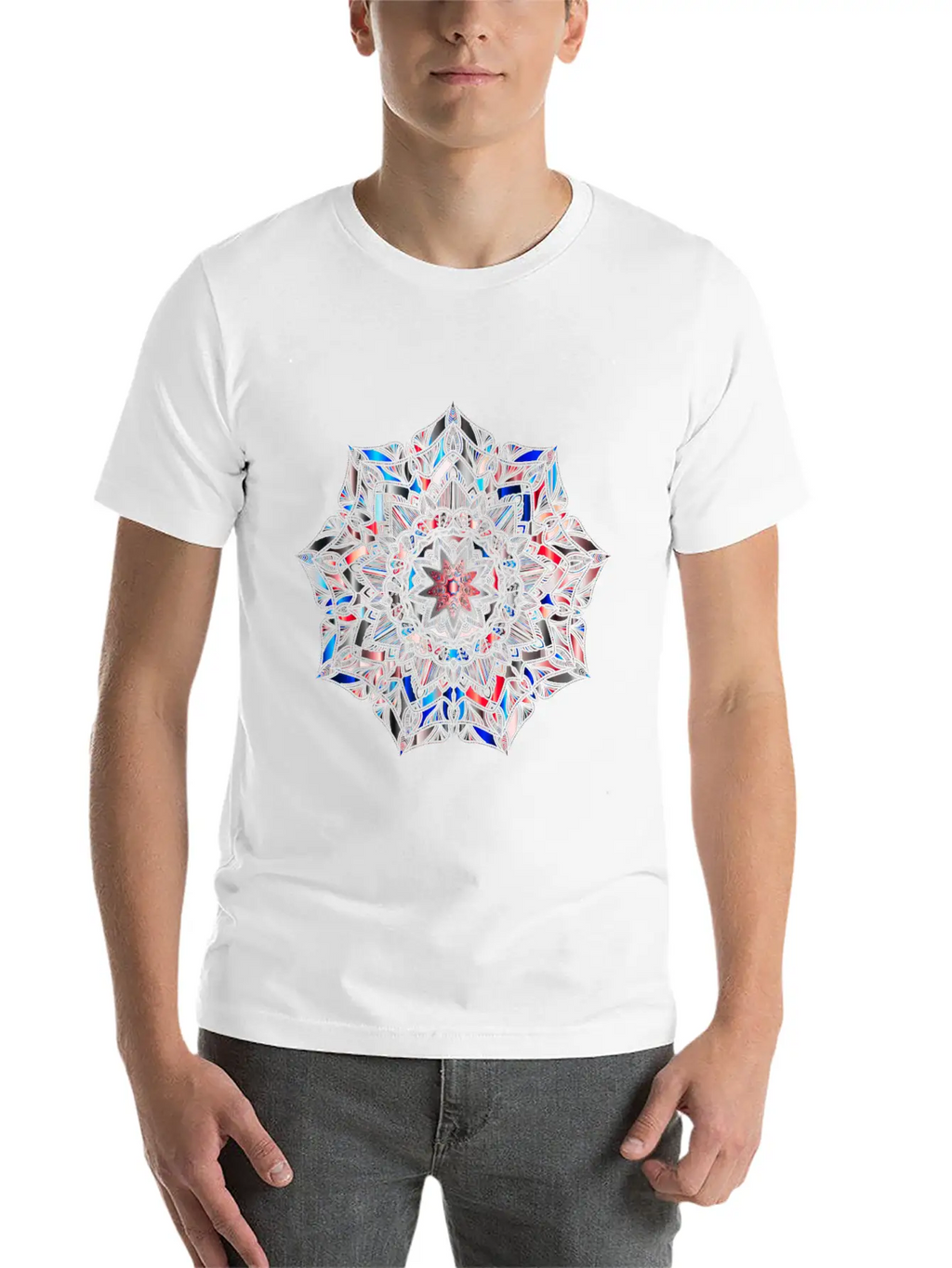 Multicolour Mandala Flower Mosaic Prismatic Blues Unisex Short Sleeve Soft Cotton T-Shirt – Casual Everyday Wear