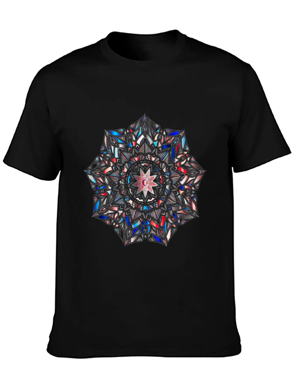 Multicolour Mandala Flower Mosaic Prismatic Blues Unisex Short Sleeve Soft Cotton T-Shirt – Casual Everyday Wear