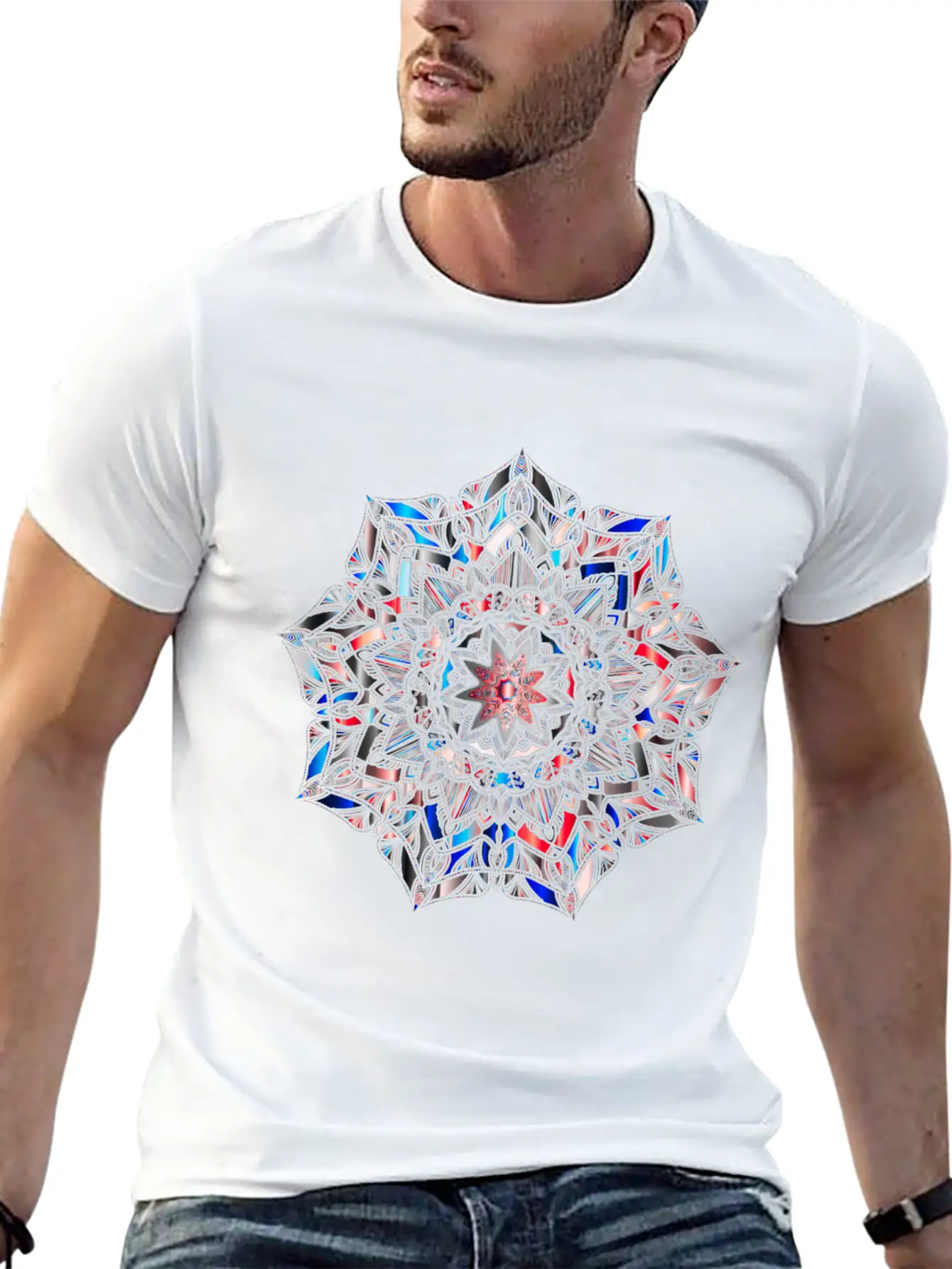 Multicolour Mandala Flower Mosaic Prismatic Blues Unisex Short Sleeve Soft Cotton T-Shirt – Casual Everyday Wear