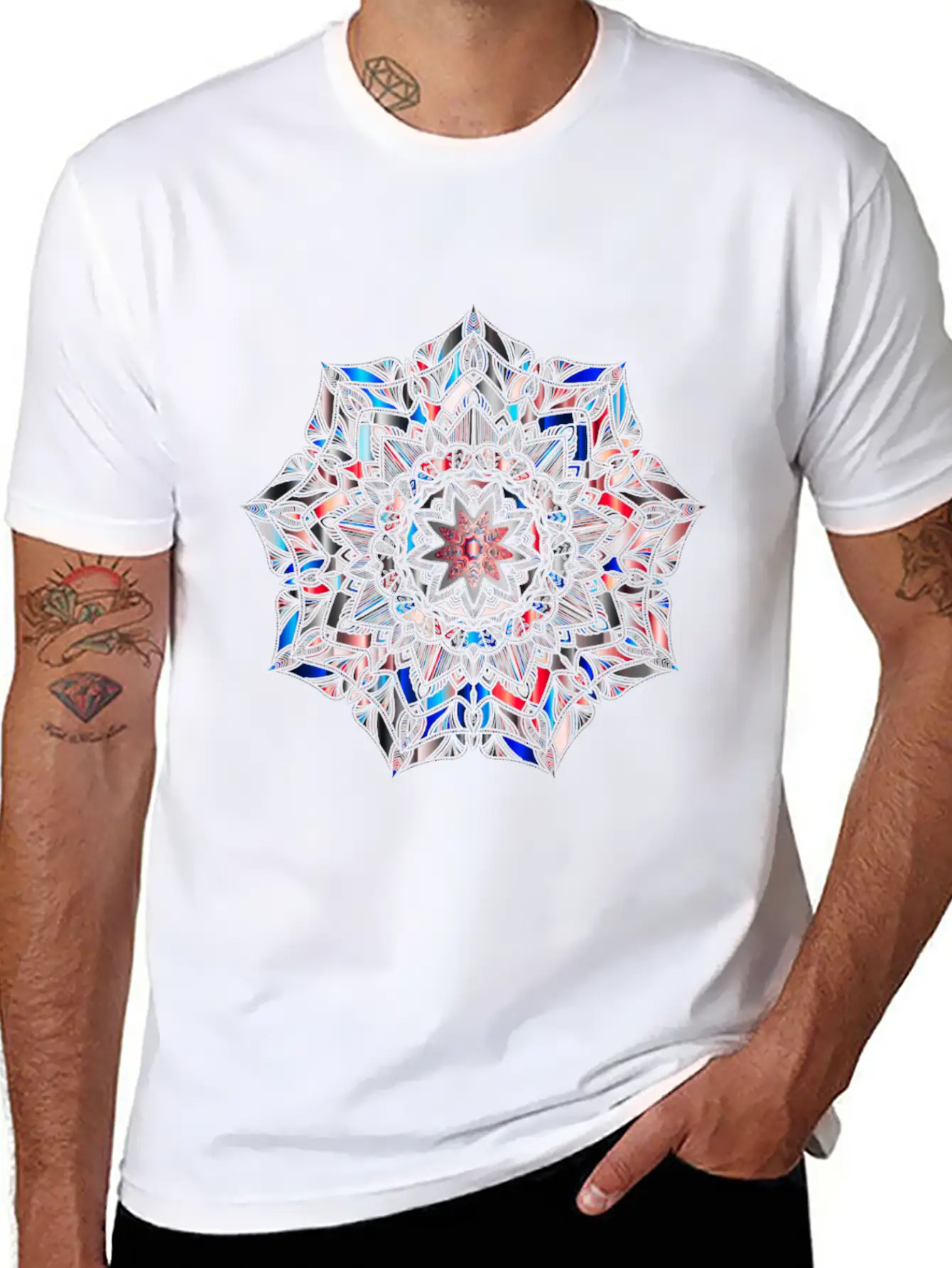 Multicolour Mandala Flower Mosaic Prismatic Blues Unisex Short Sleeve Soft Cotton T-Shirt – Casual Everyday Wear