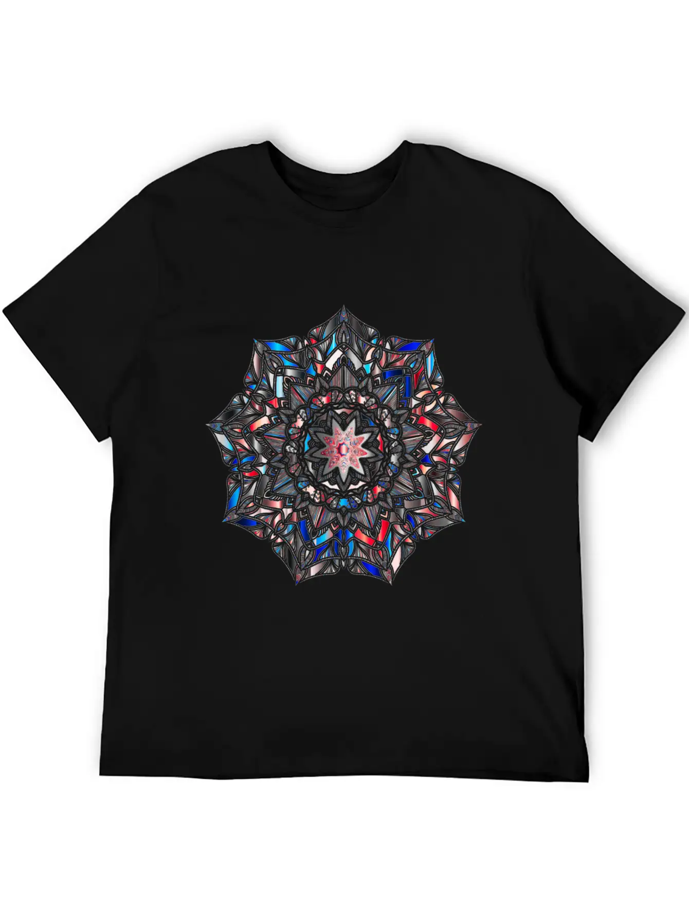 Multicolour Mandala Flower Mosaic Prismatic Blues Unisex Short Sleeve Soft Cotton T-Shirt – Casual Everyday Wear