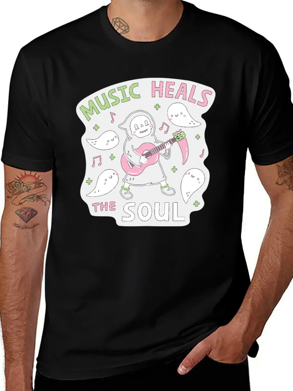 Music Heals The Soul Grim Reaper And Guitar Breathable Soft Cotton T-Shirt – Timeless Casual Look