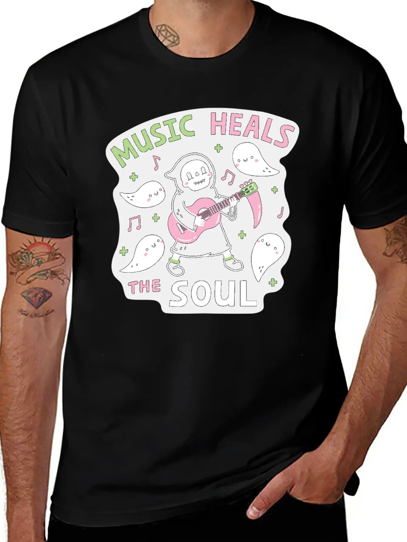 Music Heals The Soul Grim Reaper And Guitar Breathable Soft Cotton T-Shirt – Timeless Casual Look