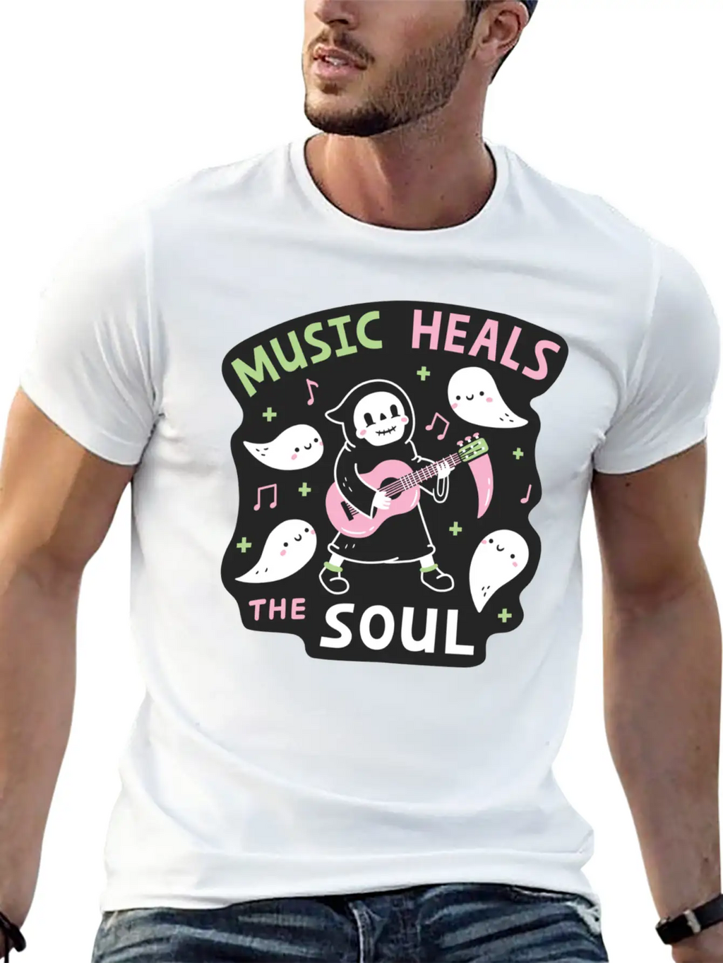 Music Heals The Soul Grim Reaper And Guitar Breathable Soft Cotton T-Shirt – Timeless Casual Look