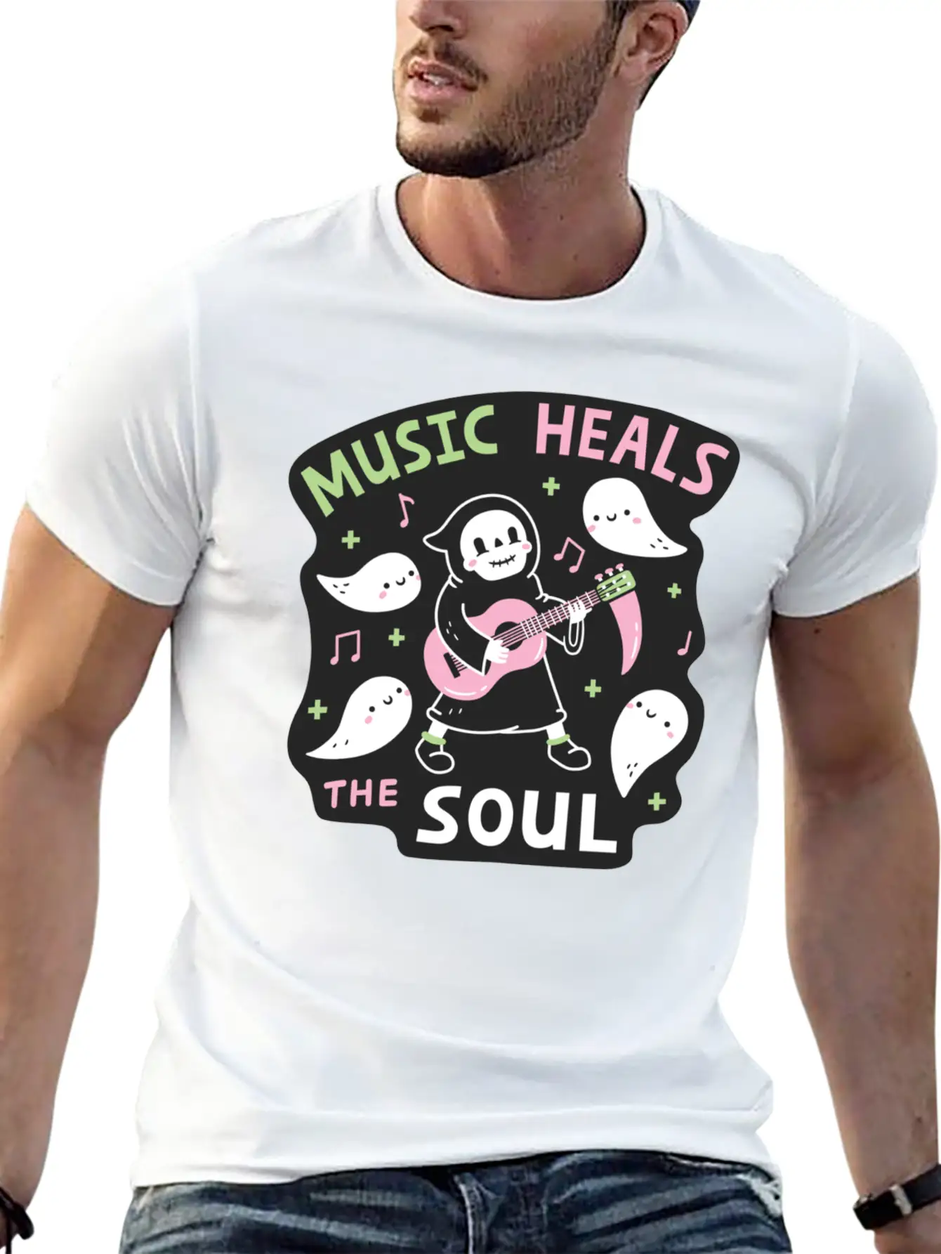 Music Heals The Soul Grim Reaper And Guitar Breathable Soft Cotton T-Shirt – Timeless Casual Look