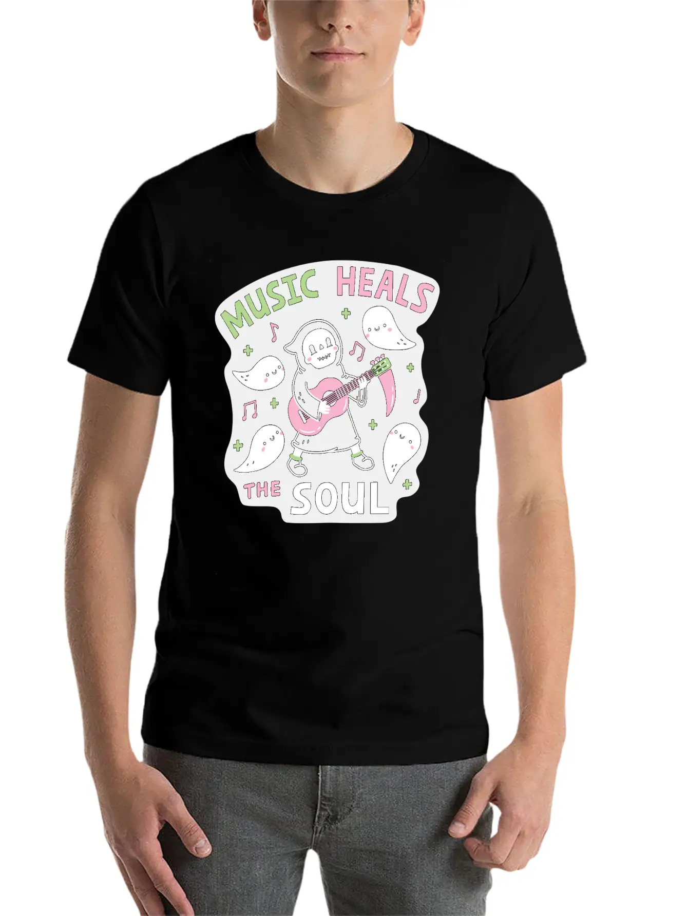 Music Heals The Soul Grim Reaper And Guitar Breathable Soft Cotton T-Shirt – Timeless Casual Look