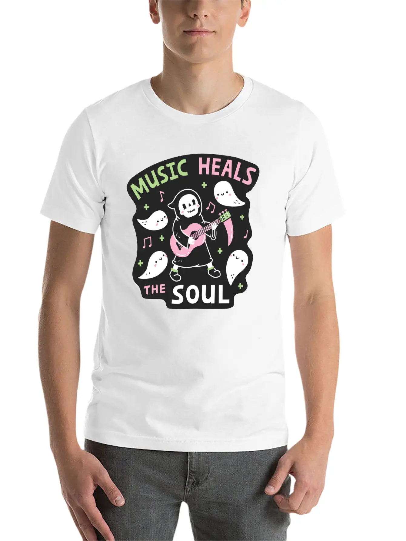 Music Heals The Soul Grim Reaper And Guitar Breathable Soft Cotton T-Shirt – Timeless Casual Look
