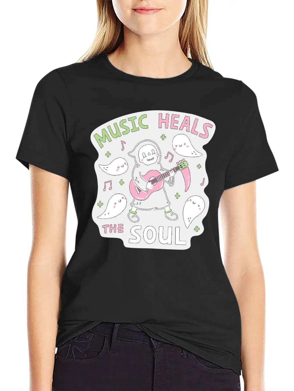 Music Heals The Soul Grim Reaper And Guitar Breathable Soft Cotton T-Shirt – Timeless Casual Look