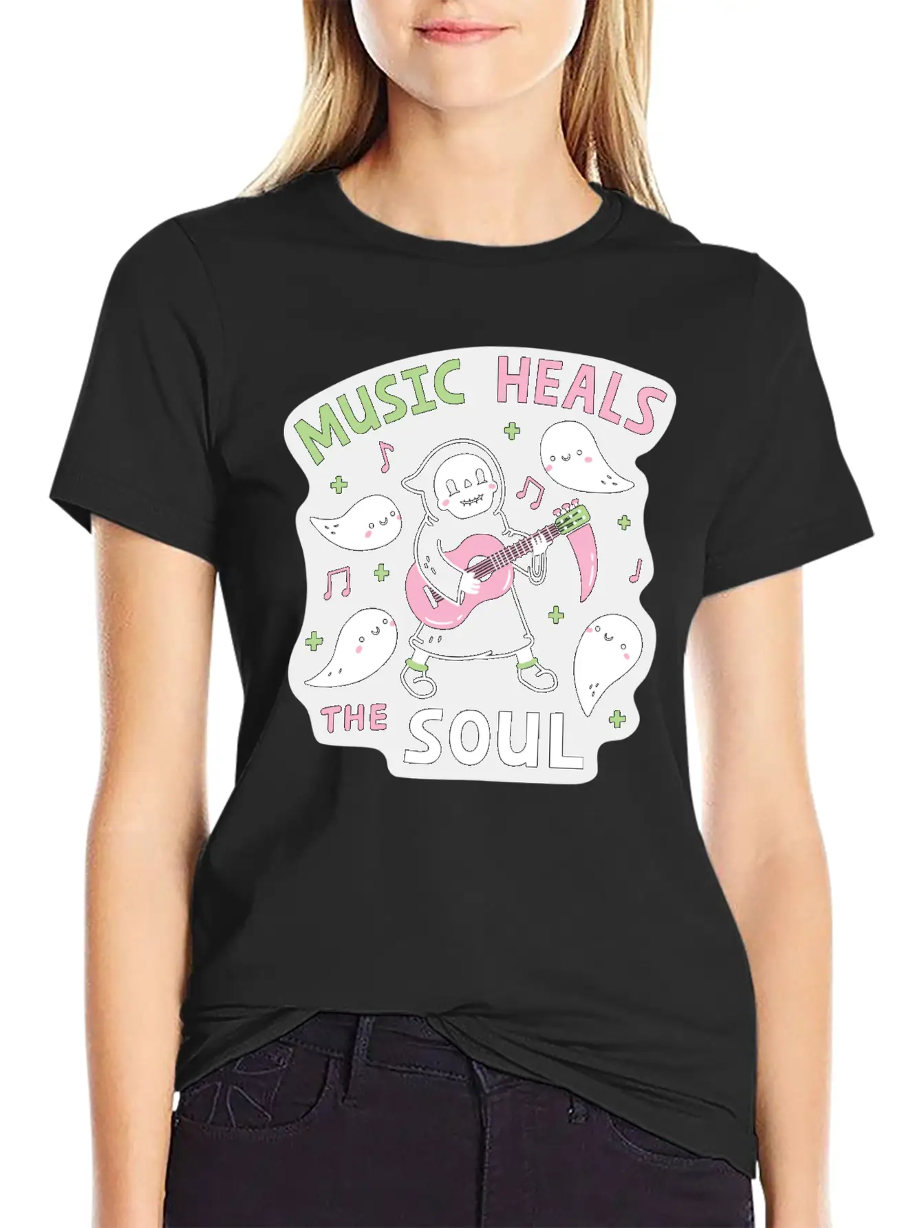Music Heals The Soul Grim Reaper And Guitar Breathable Soft Cotton T-Shirt – Timeless Casual Look