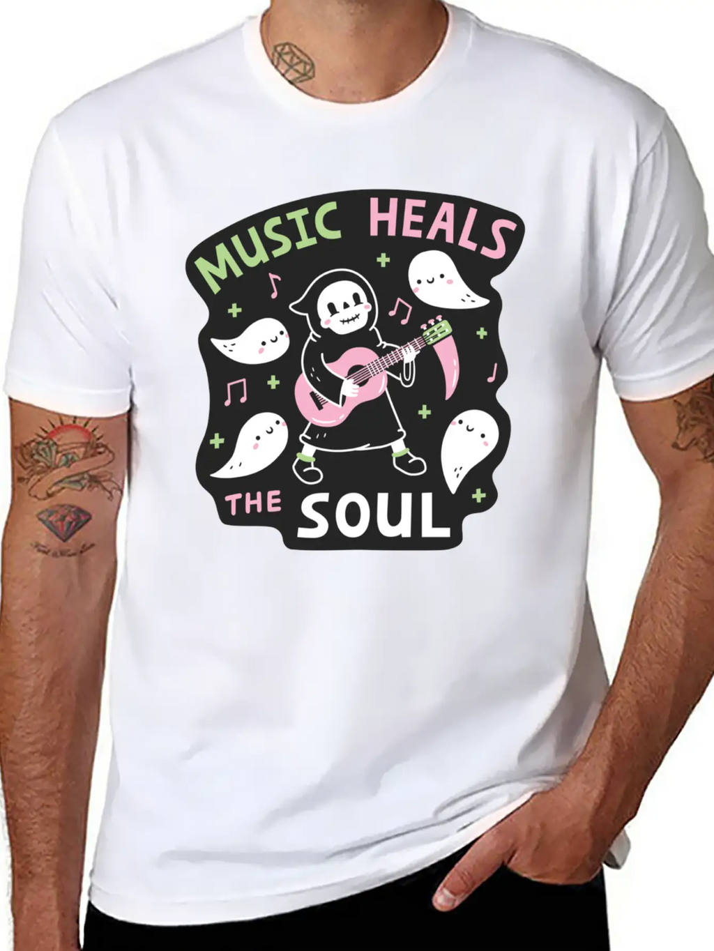 Music Heals The Soul Grim Reaper And Guitar Breathable Soft Cotton T-Shirt – Timeless Casual Look