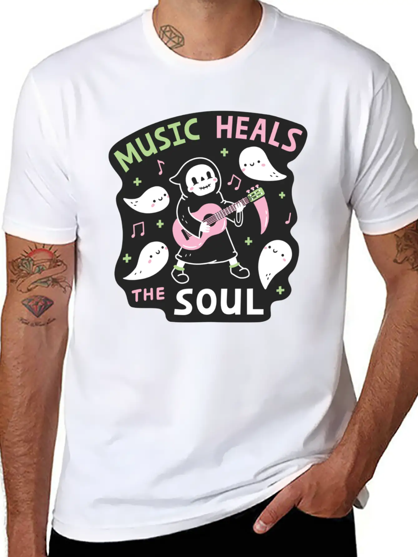 Music Heals The Soul Grim Reaper And Guitar Breathable Soft Cotton T-Shirt – Timeless Casual Look