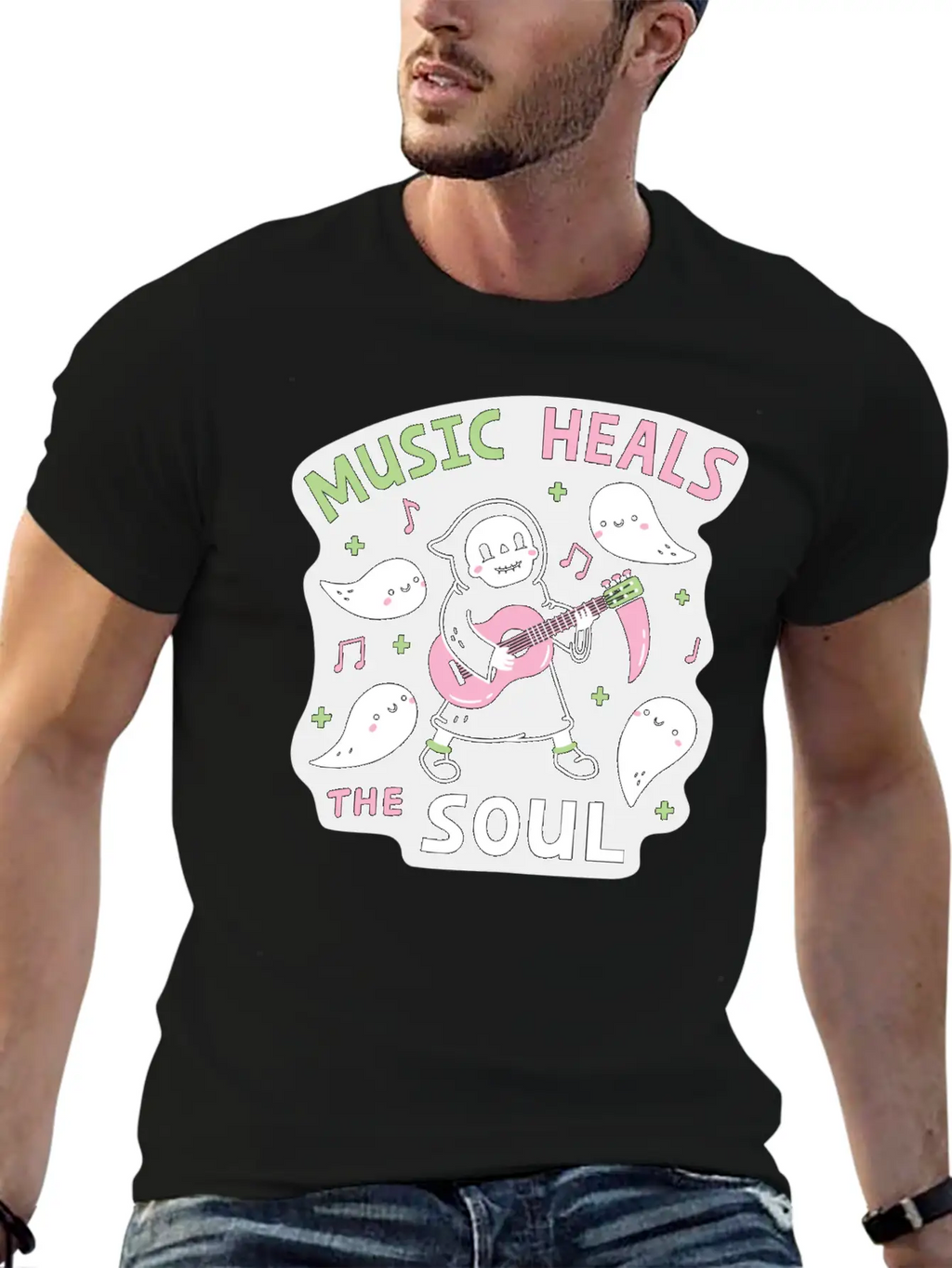 Music Heals The Soul Grim Reaper And Guitar Breathable Soft Cotton T-Shirt – Timeless Casual Look