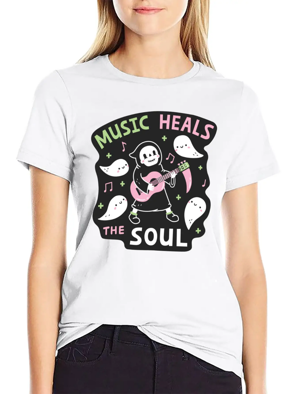 Music Heals The Soul Grim Reaper And Guitar Breathable Soft Cotton T-Shirt – Timeless Casual Look