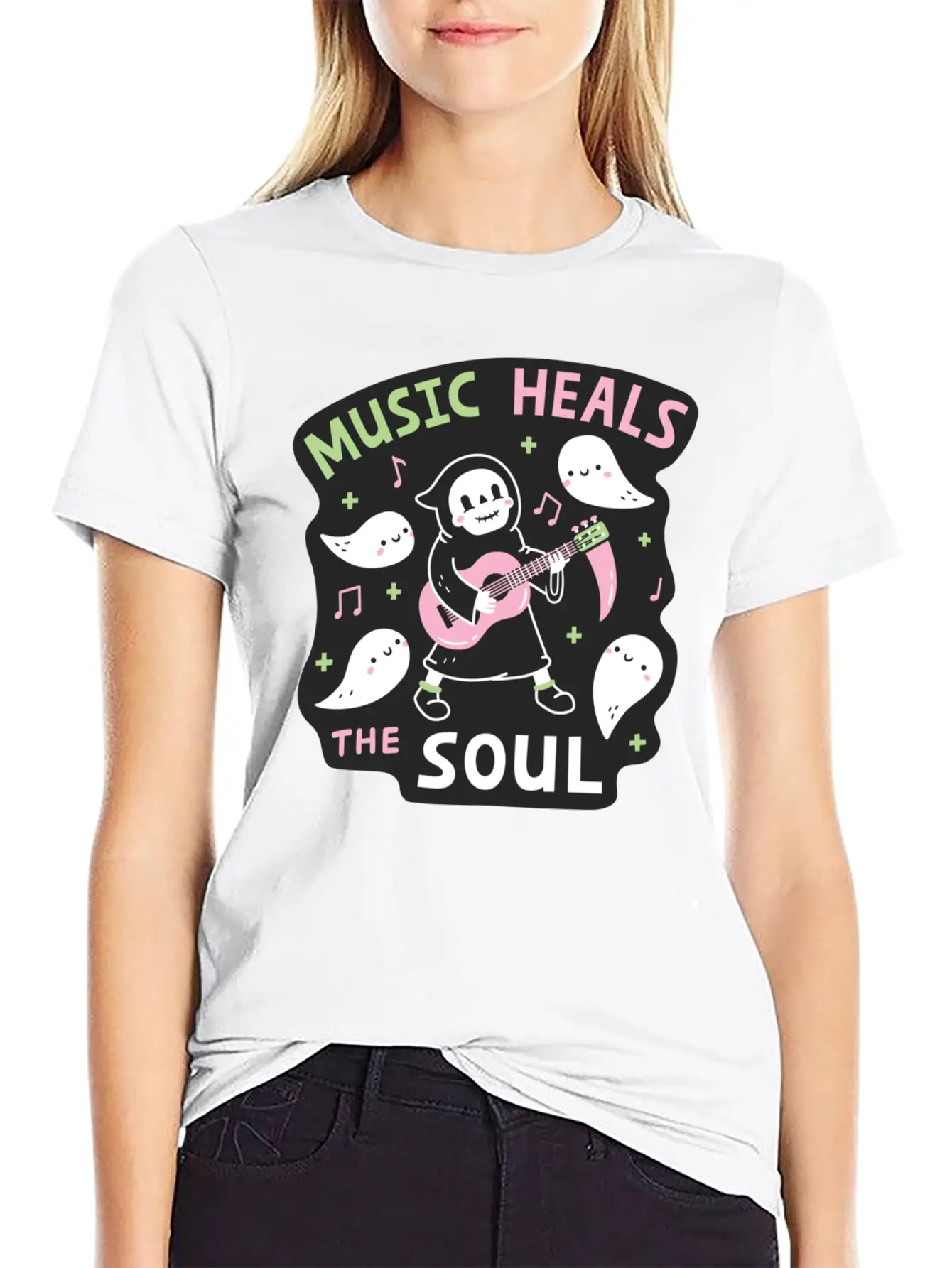 Music Heals The Soul Grim Reaper And Guitar Breathable Soft Cotton T-Shirt – Timeless Casual Look