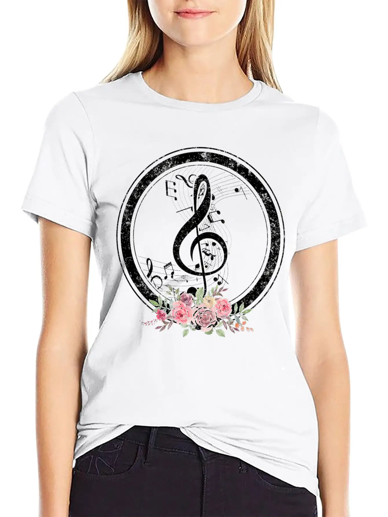 Music Shirt, Cut Music Notes Clef Floral Tee, Casual Graphic T-Shirt – Simple And Comfortable Daily Wear