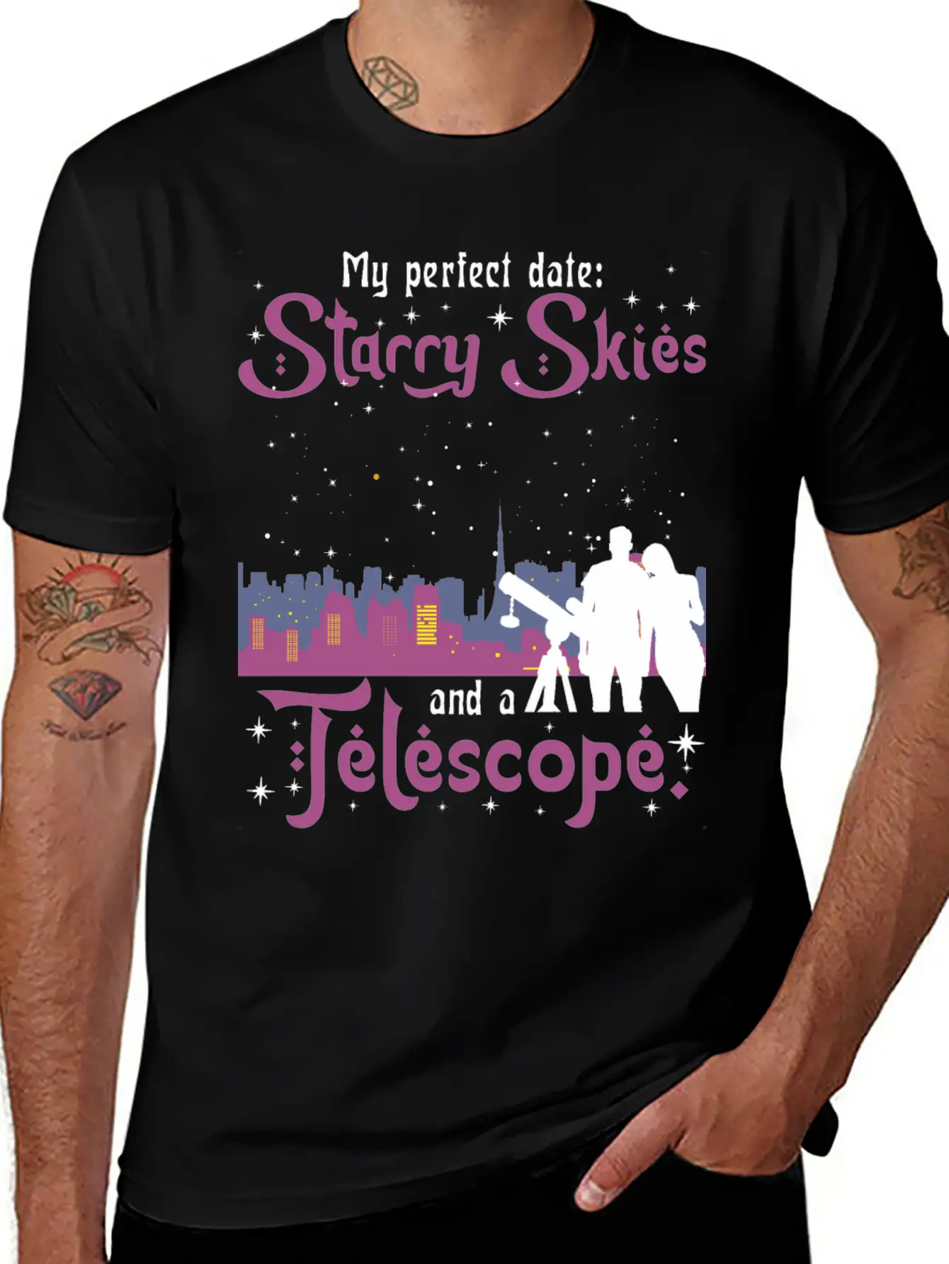 My Perfect Date: Starry Skies And A Telescope. Unisex Short Sleeve Soft Cotton T-Shirt – Casual Everyday Wear