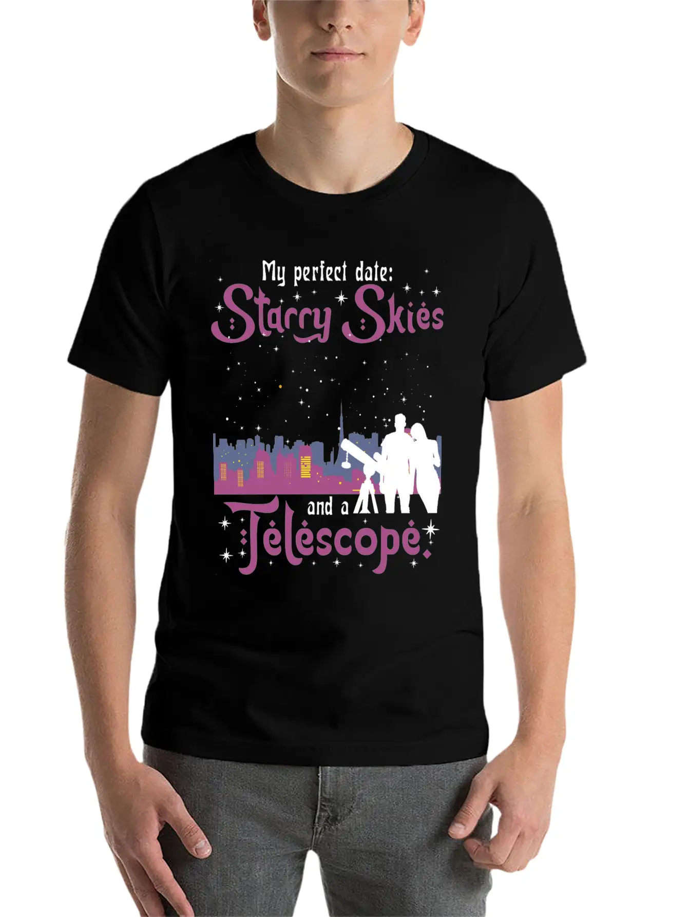 My Perfect Date: Starry Skies And A Telescope. Unisex Short Sleeve Soft Cotton T-Shirt – Casual Everyday Wear