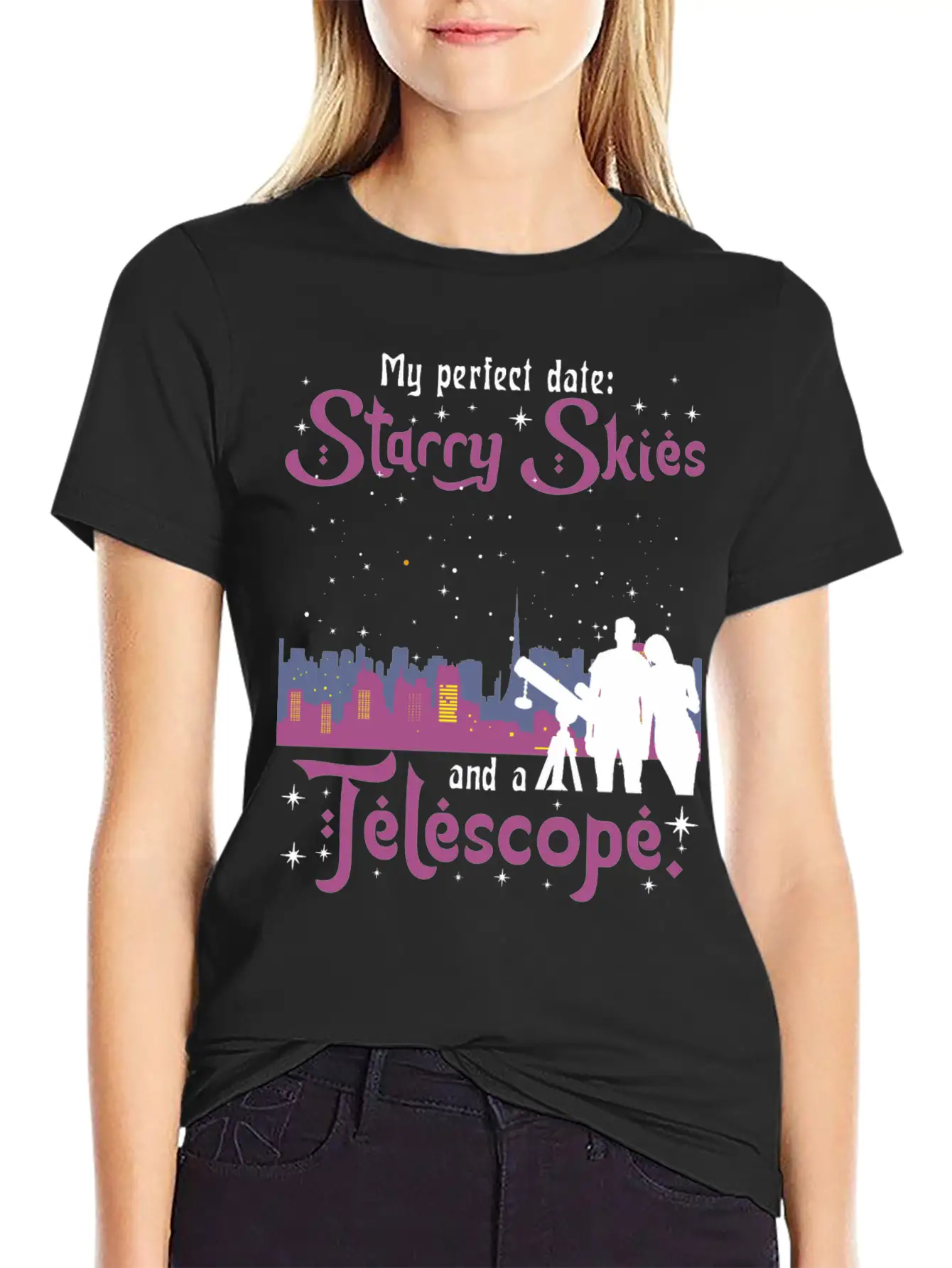 My Perfect Date: Starry Skies And A Telescope. Unisex Short Sleeve Soft Cotton T-Shirt – Casual Everyday Wear