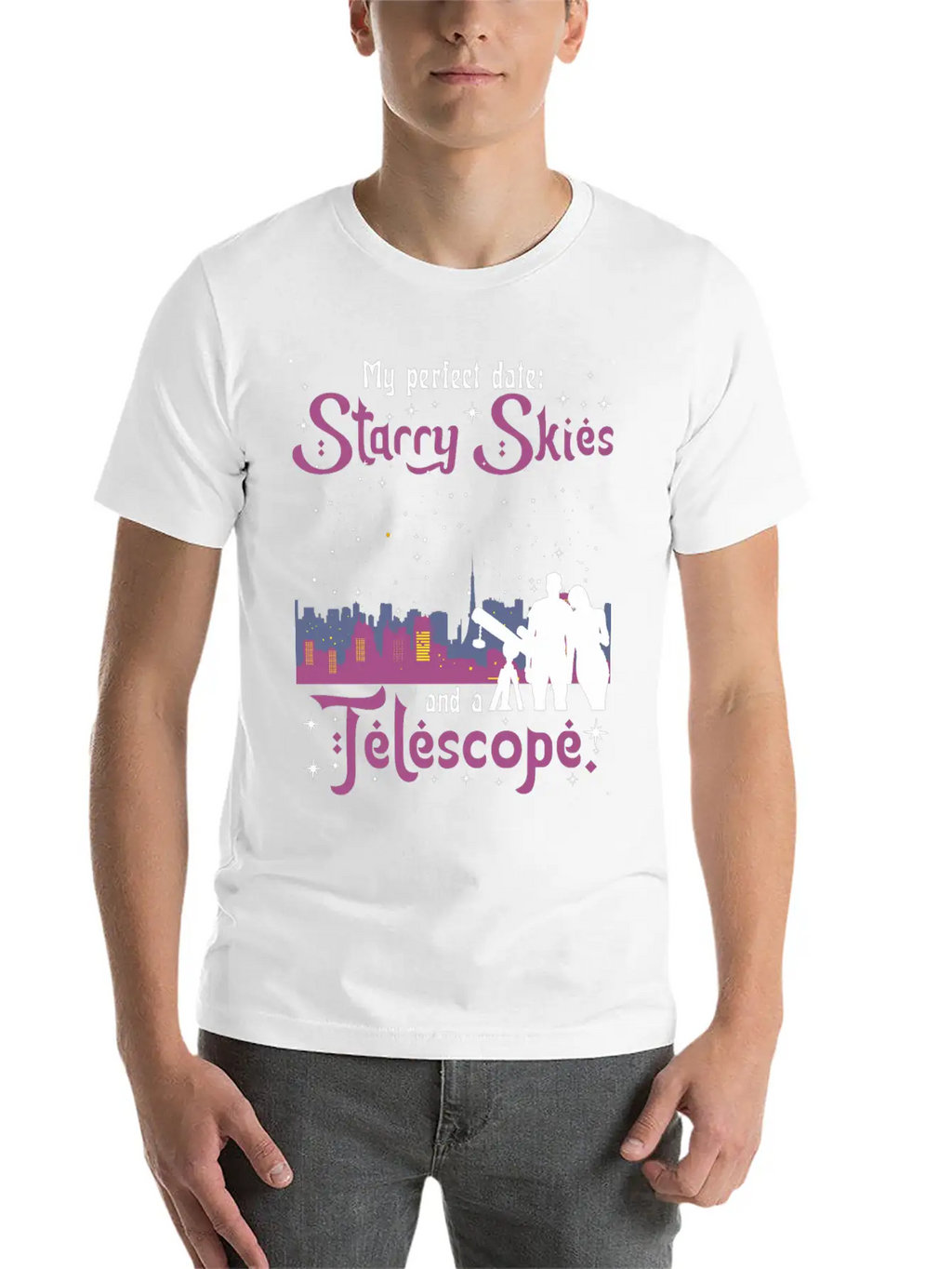 My Perfect Date: Starry Skies And A Telescope. Unisex Short Sleeve Soft Cotton T-Shirt – Casual Everyday Wear