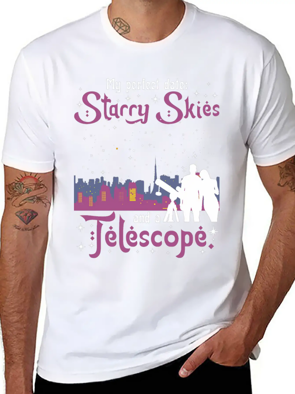 My Perfect Date: Starry Skies And A Telescope. Unisex Short Sleeve Soft Cotton T-Shirt – Casual Everyday Wear