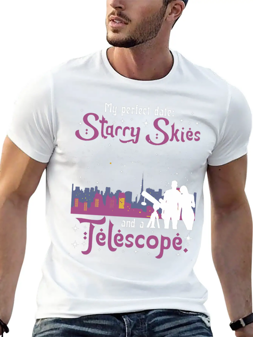 My Perfect Date: Starry Skies And A Telescope. Unisex Short Sleeve Soft Cotton T-Shirt – Casual Everyday Wear