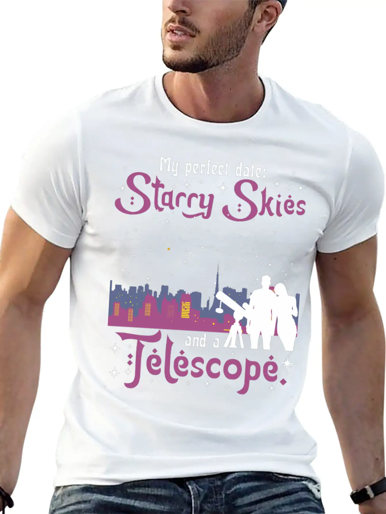 My Perfect Date: Starry Skies And A Telescope. Unisex Short Sleeve Soft Cotton T-Shirt – Casual Everyday Wear