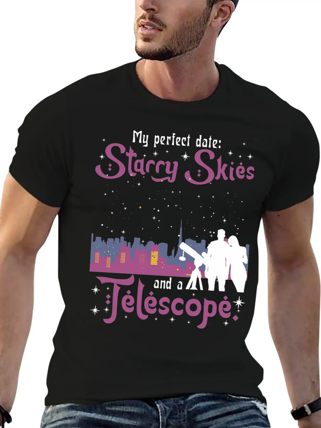 My Perfect Date: Starry Skies And A Telescope. Unisex Short Sleeve Soft Cotton T-Shirt – Casual Everyday Wear