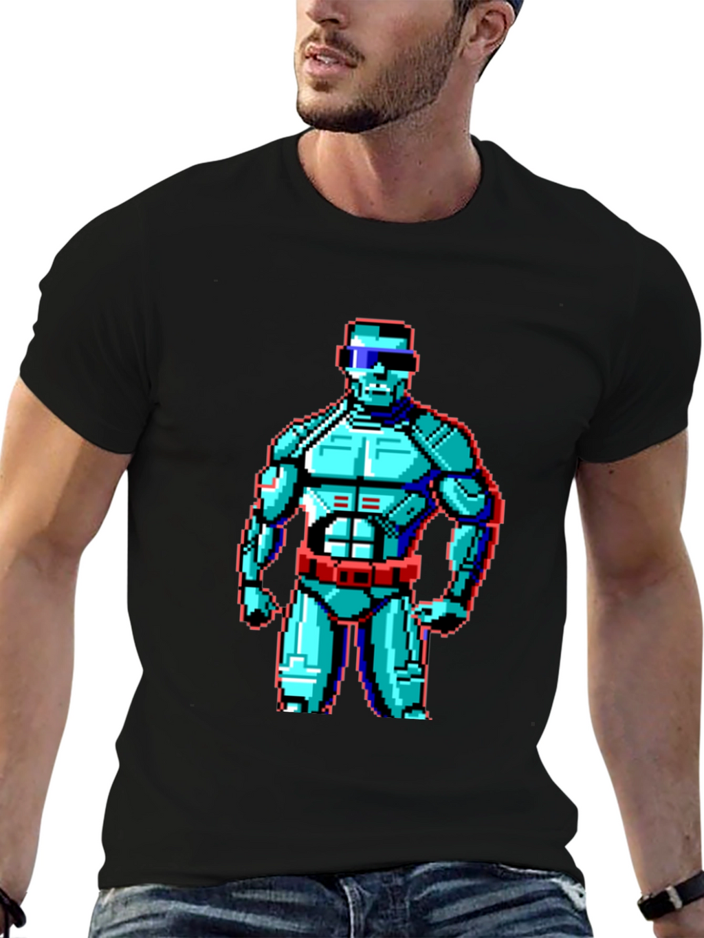 Retro Pixel Robot Graphic T-Shirt - Black