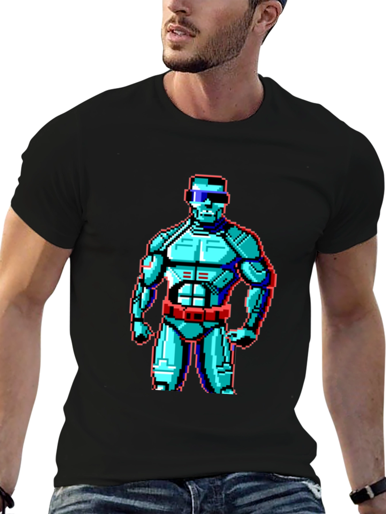 Retro Pixel Robot Graphic T-Shirt - Black