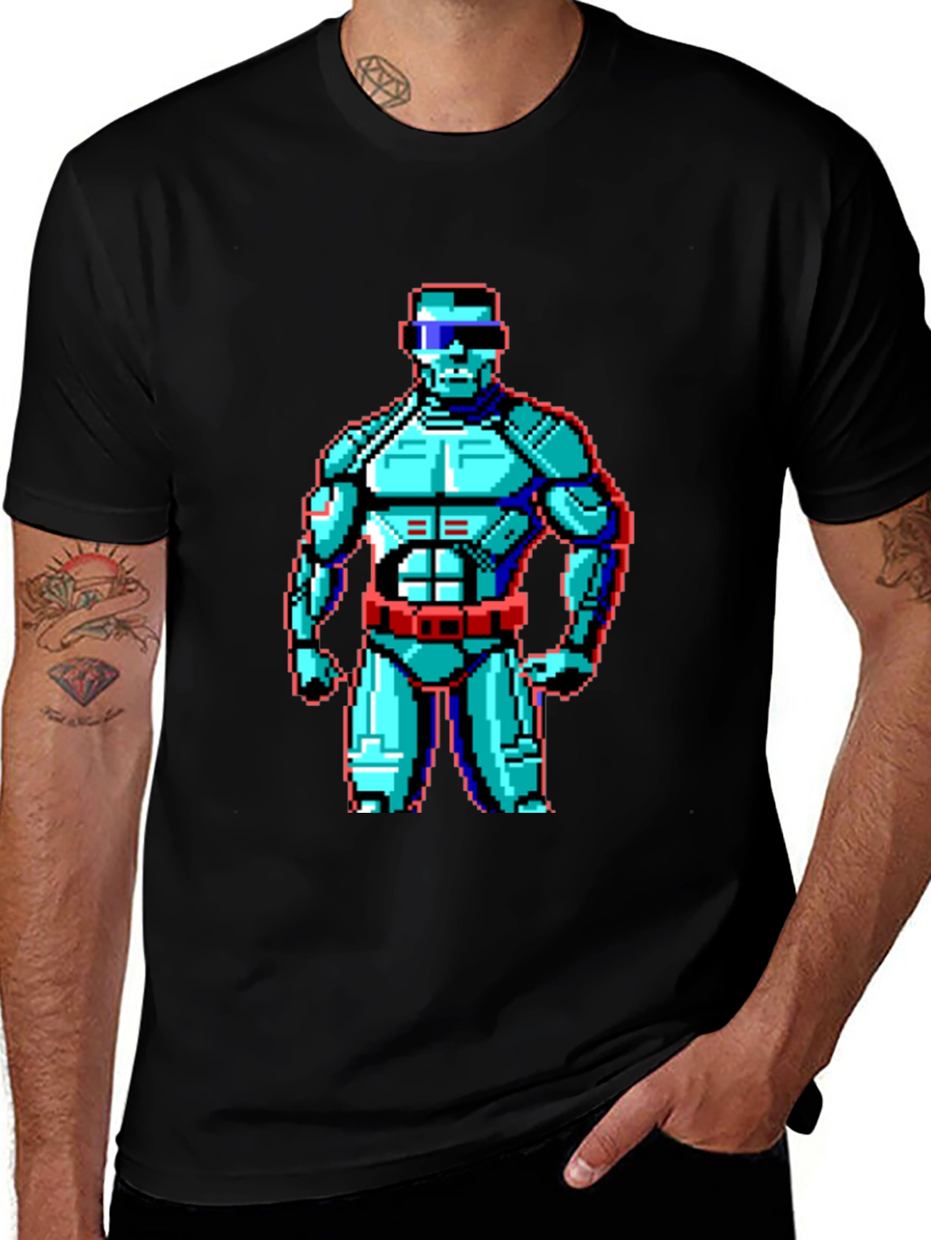Retro Pixel Robot Graphic T-Shirt - Black