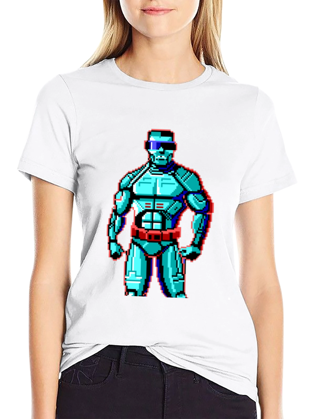 Retro Pixel Robot Graphic T-Shirt - Black