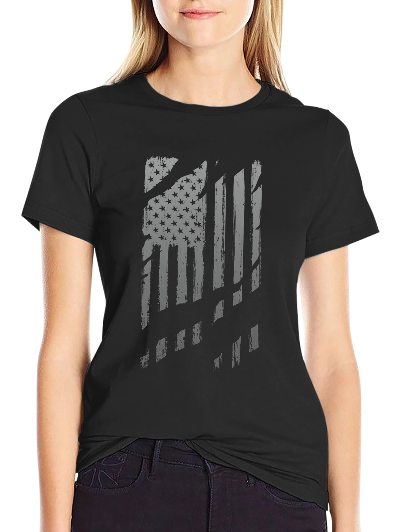 Distressed American Flag Graphic Tee - Black