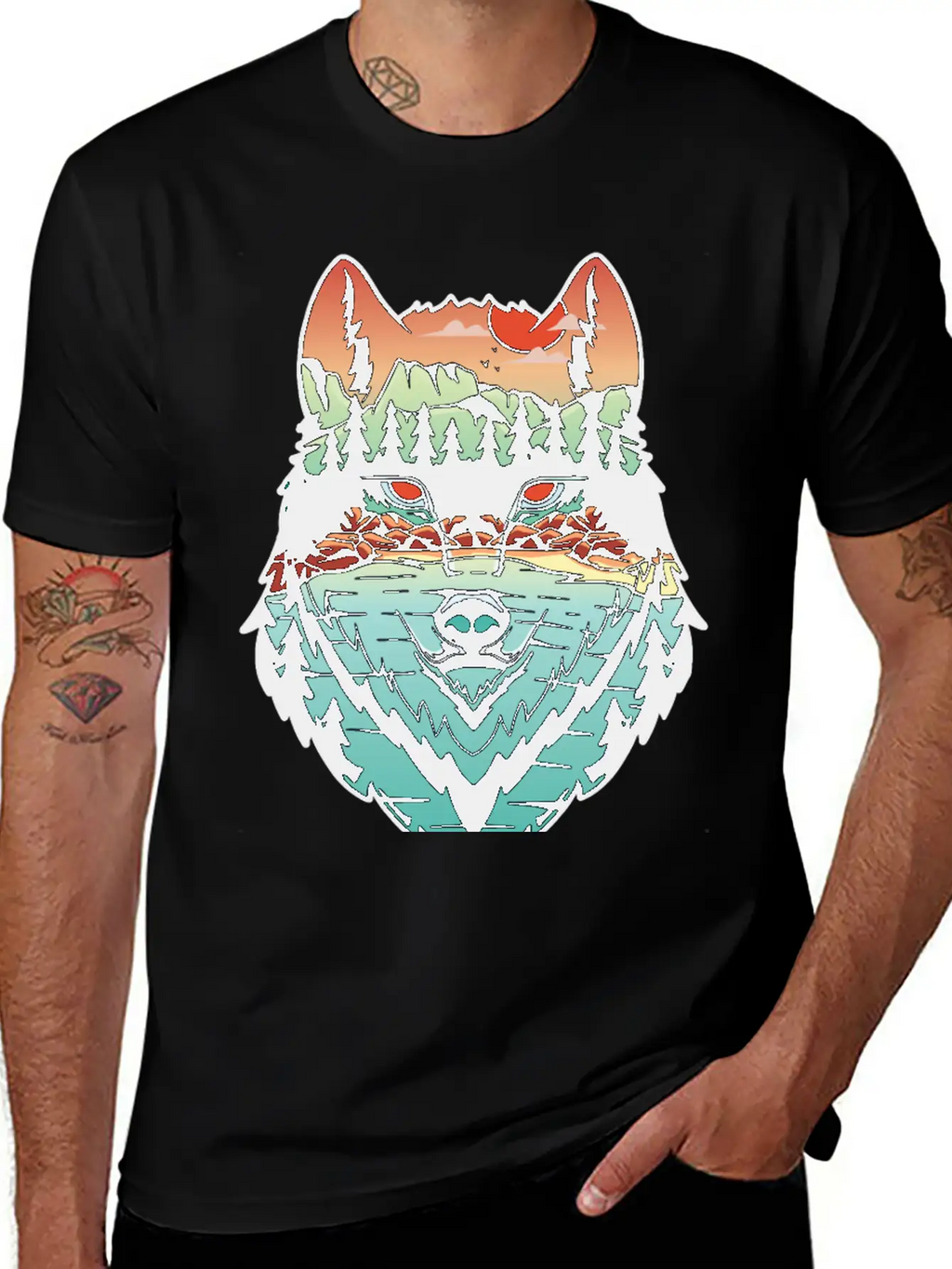 Nature Landscape Wolf Silhouette Unisex Short Sleeve Soft Cotton T-Shirt – Casual Everyday Wear