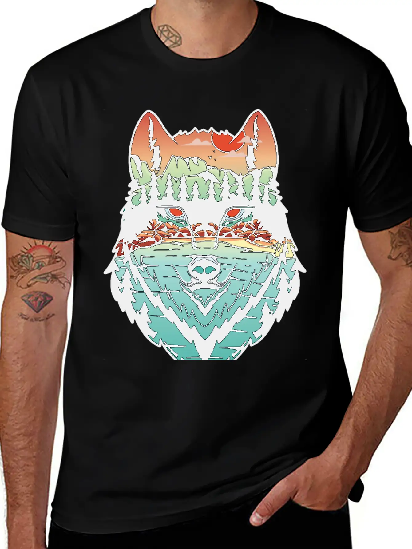 Nature Landscape Wolf Silhouette Unisex Short Sleeve Soft Cotton T-Shirt – Casual Everyday Wear