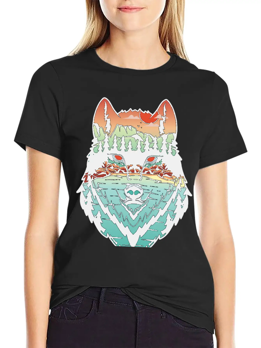 Nature Landscape Wolf Silhouette Unisex Short Sleeve Soft Cotton T-Shirt – Casual Everyday Wear